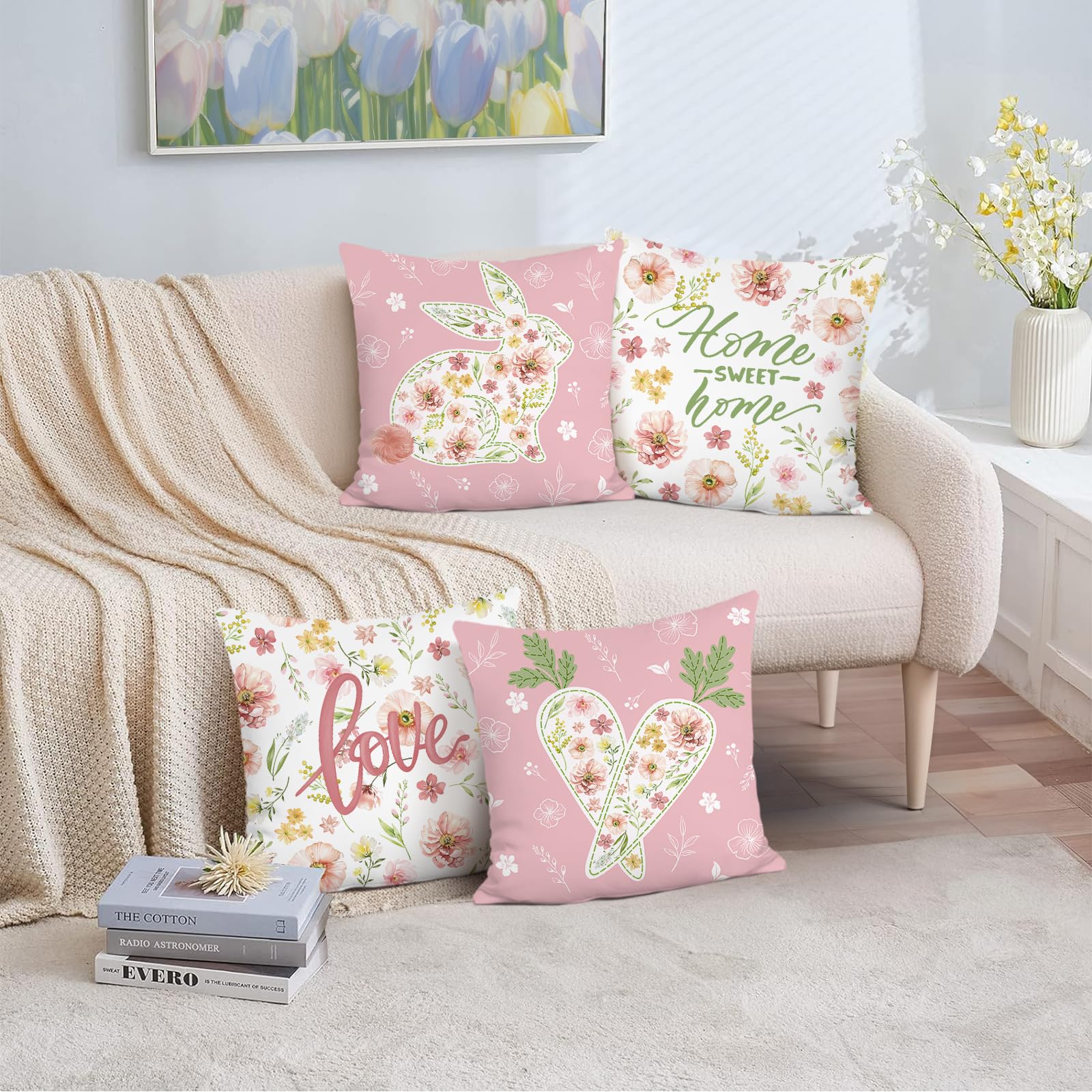 Bonhause Bunny Floral Cushion Covers 45 x 45 cm Spring Rabbit Carrot Flower Pink Decorative Pillow Covers for Sofa Bed Home Garden Decor Set of 4 - Image 3