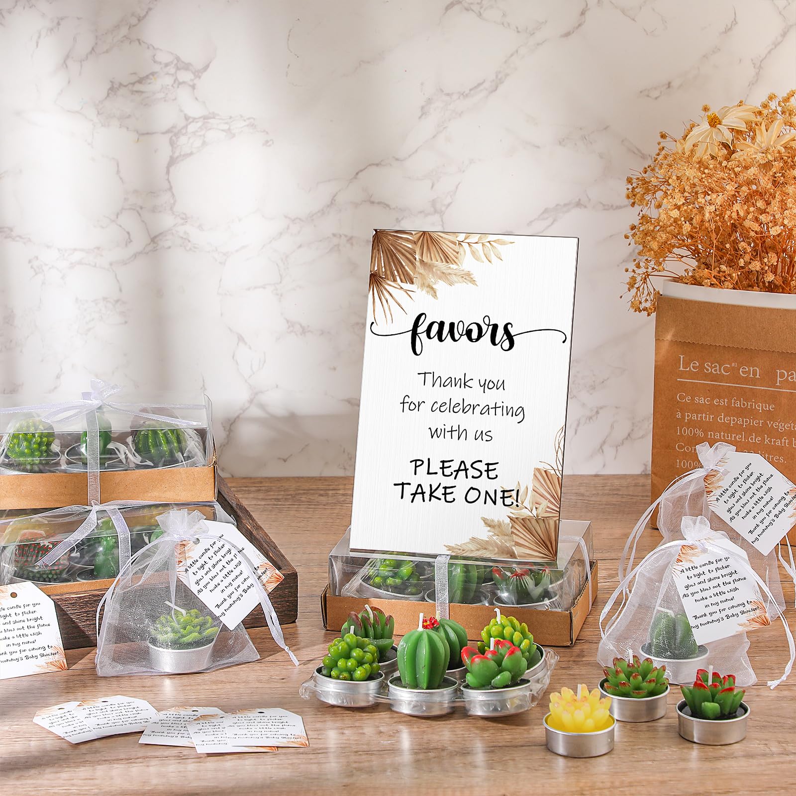 MTLEE Set di 36 candele a forma di cactus succulente, bomboniere per baby shower, per gli ospiti, include 36 candele tealight per piante, 36 etichette di ringraziamento, 36 sacchetti di organza,