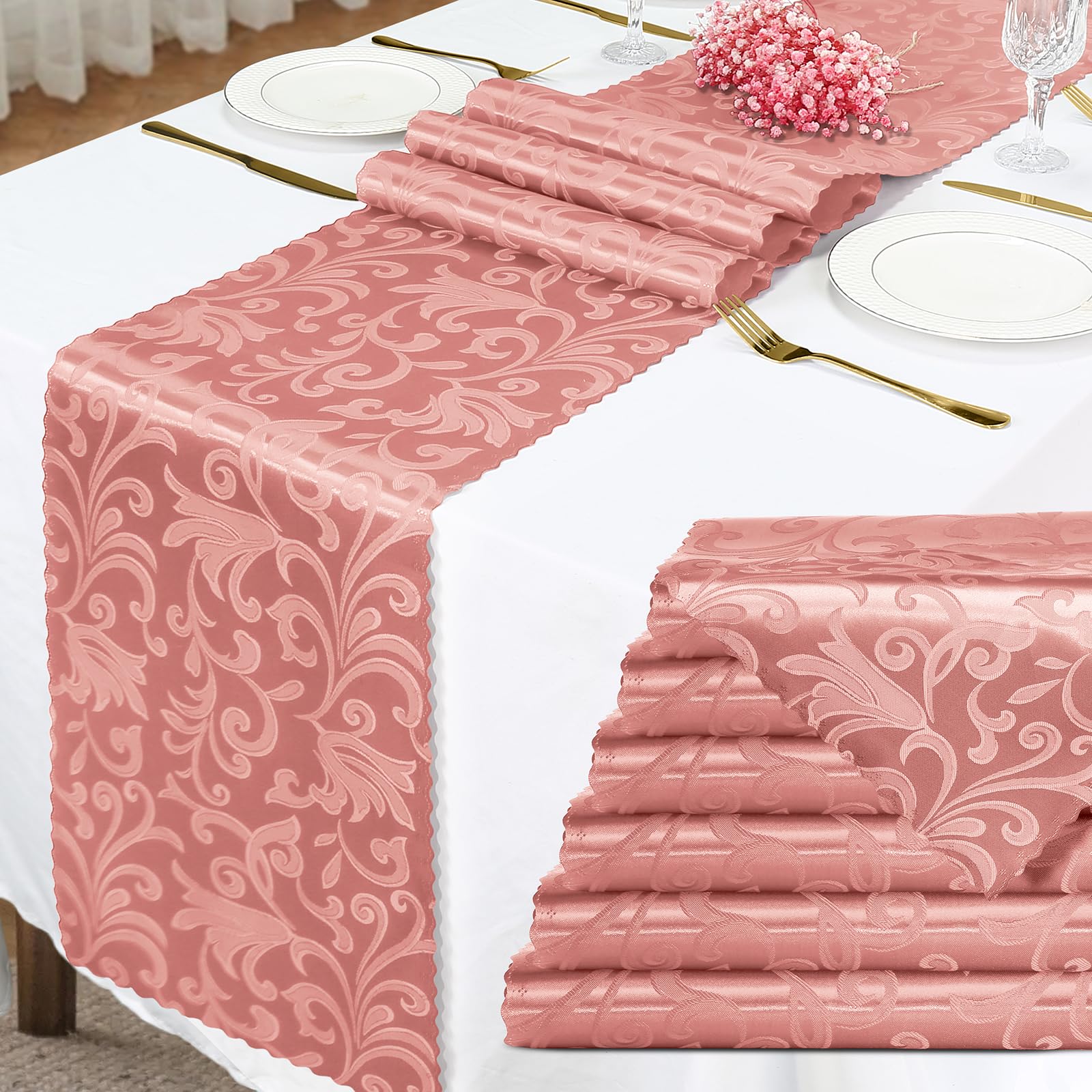 Eychei Rose Gold Damask Satin Table Runner 12 x 108 Inch, 6 Pack