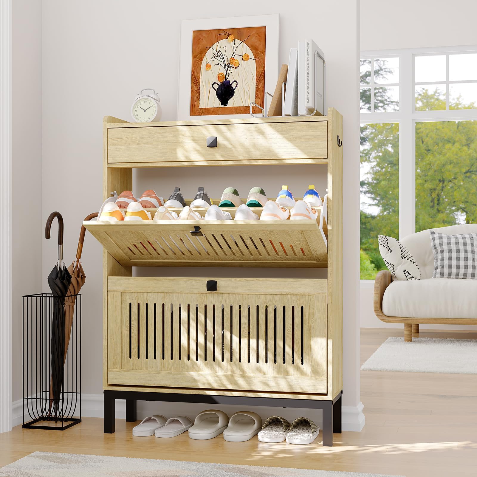 Zstar Armoire à Chaussures 2 tiroirs rabattables, étagères réglables, Grand Rangement dissimulé, en Bois indépendant pour entrée, Couloir ou Salon — Bois Naturel.