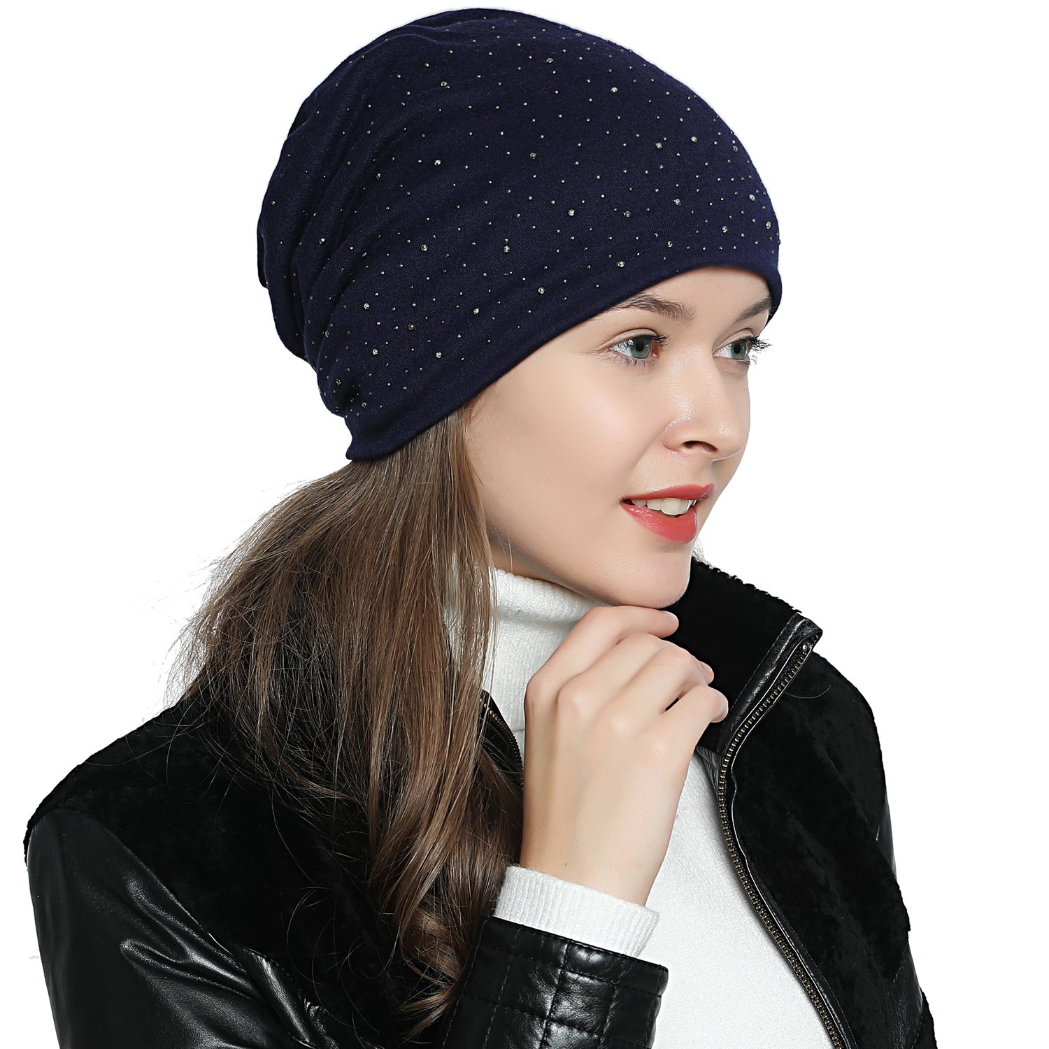 DonDon Damen Mütze Wintermütze Slouch Beanie silberne Pailletten Nieten