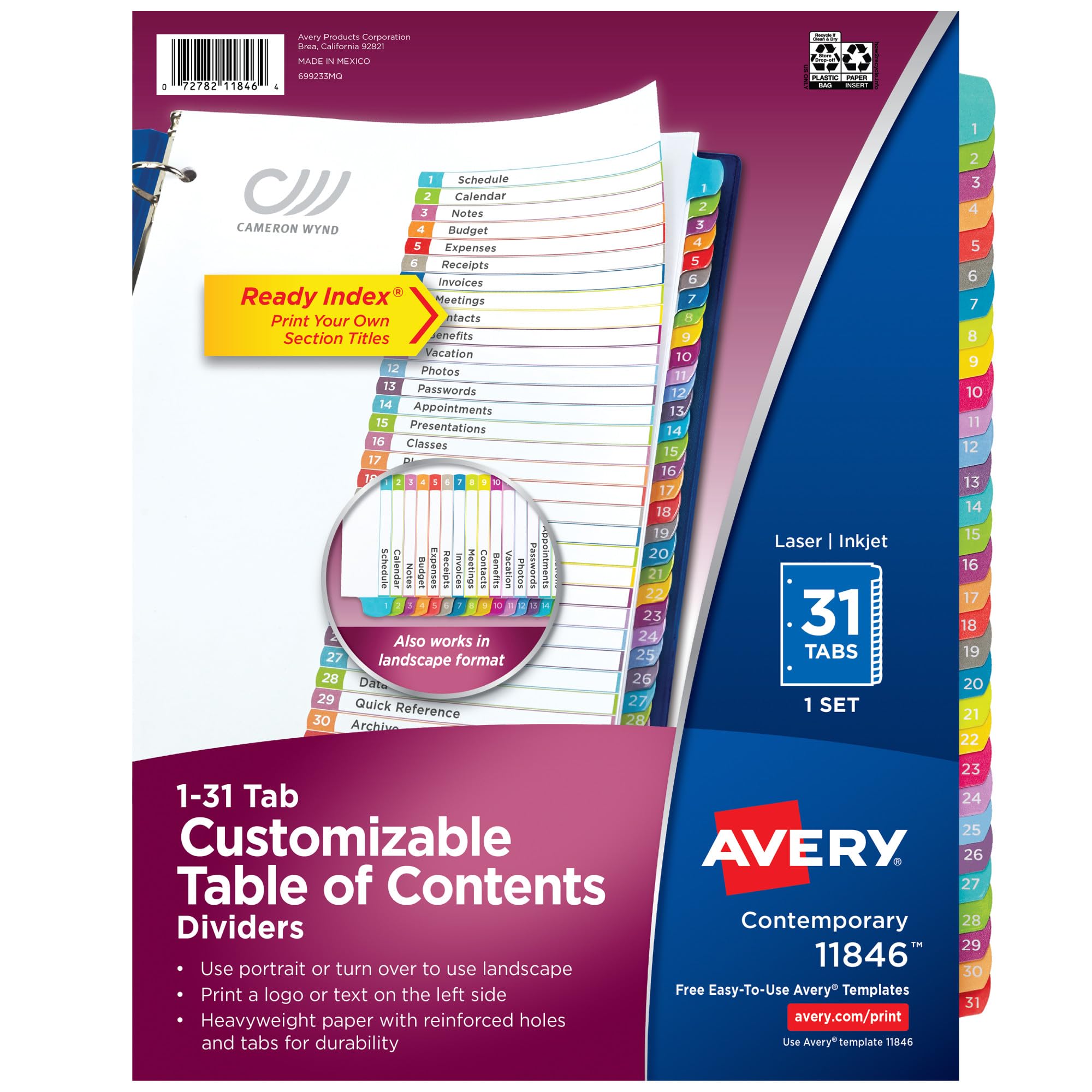 Avery 1-31 Dividers for 3 Ring Binders, 31 Tabs per Set, Customizable Table of Contents, Multicolor Arched Tabs, Great for Organizing Reports, Projects, and More (11846)