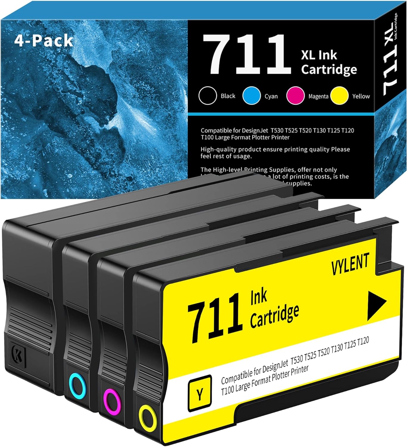 Vylent 711 Ink Cartridge Bundle 711XL Ink CZ133A CZ130A CZ131A CZ132A Replacement for HP 711 XL Ink Cartridges for DesignJet T530 T525 T520 T130 T125 T120 T100 Large Format Plotter Printer Ink 4-Pack