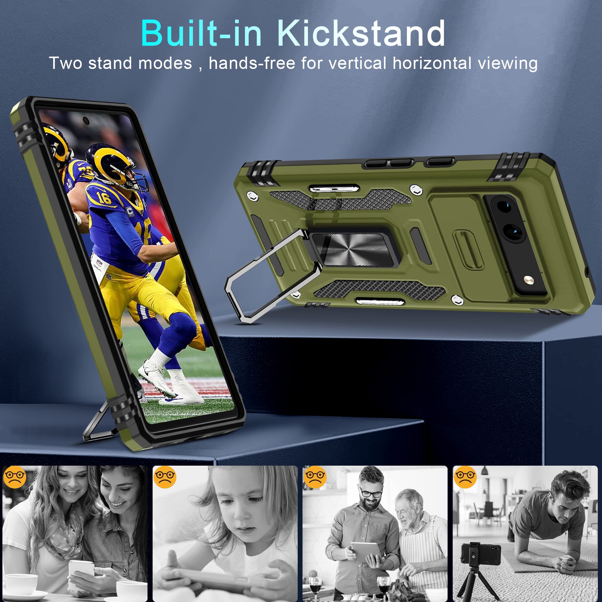 DEERLAMN Custodia Per Google Pixel 7a Con Protezione Fotocamera Scorrevole + 2 Pellicole – Antiurto Grado Militare, Supporto Ad Anello Girevole, Blu