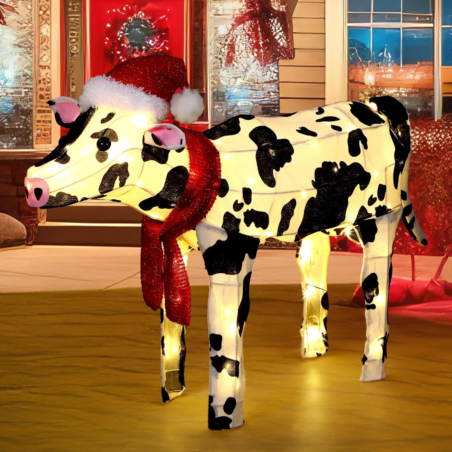 25.6'' Lighted Christmas Farm Animal Outdoor Decorations, 3D Light up Christmas Cow with 130 LED Lights, Metal Prelit Animal Yard Display for Xmas Farmhouse Garden Lawn Decor