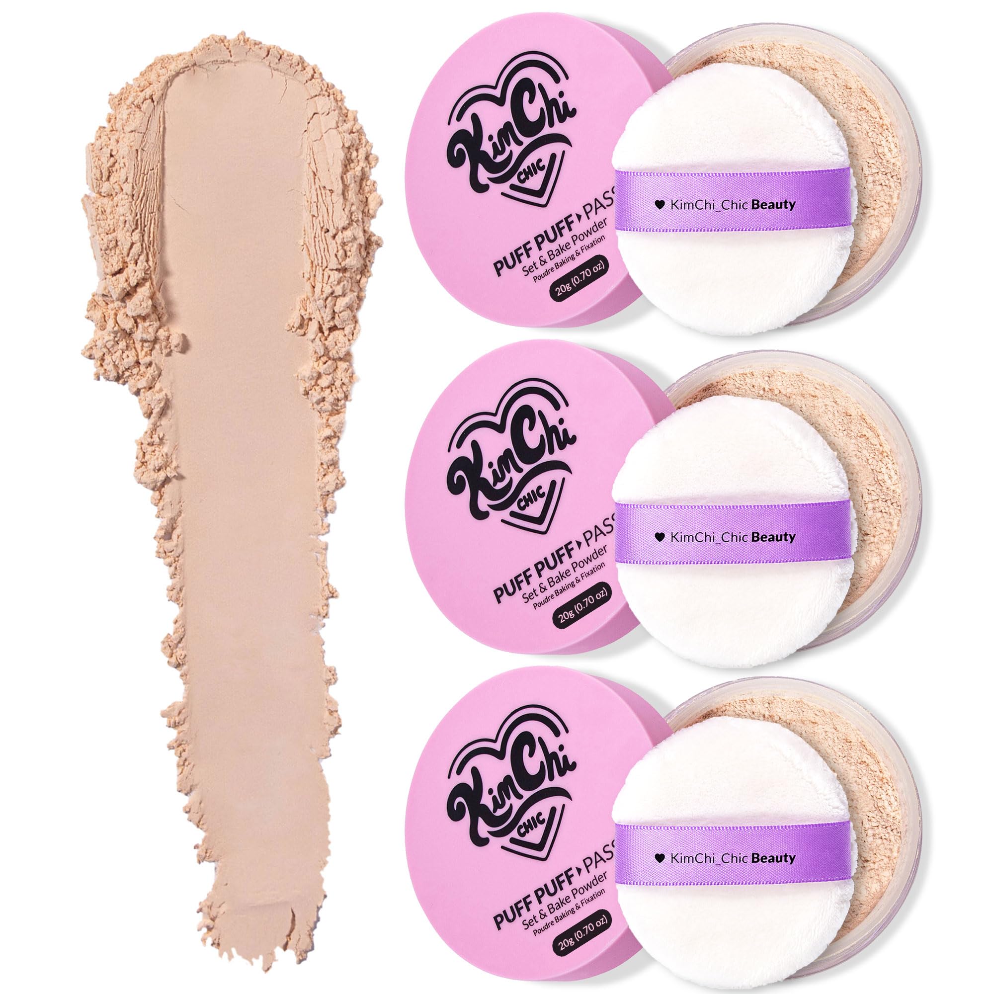 KimChiChic Beauty Puff Puff Pass Set & Bake Loose Setting Powder Makeup | Face Powder with Rice & Vitamin E, Matte Airbrush Finish, Oil Control with Fluffy Powder Puff, Translucent Trio, Pack of 3