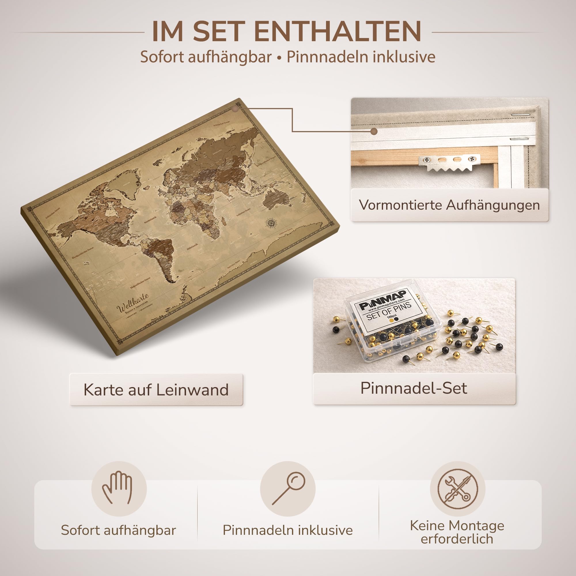 Generisch Personalisierbare Leinwand aus Weltkarte Motiv mit Rückwand-Pinnwand, perfekt für Reisende und als Wanddekoration, Dekorative Leinwandbilder, inkl. 100 Pins (Design 3, 120x80cm)