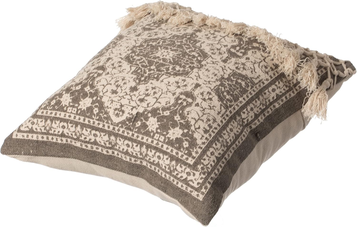 Deerlux 16" Handwoven Cotton Throw Pillow Cover with Traditional Pattern and Tasseled Top, Beige
