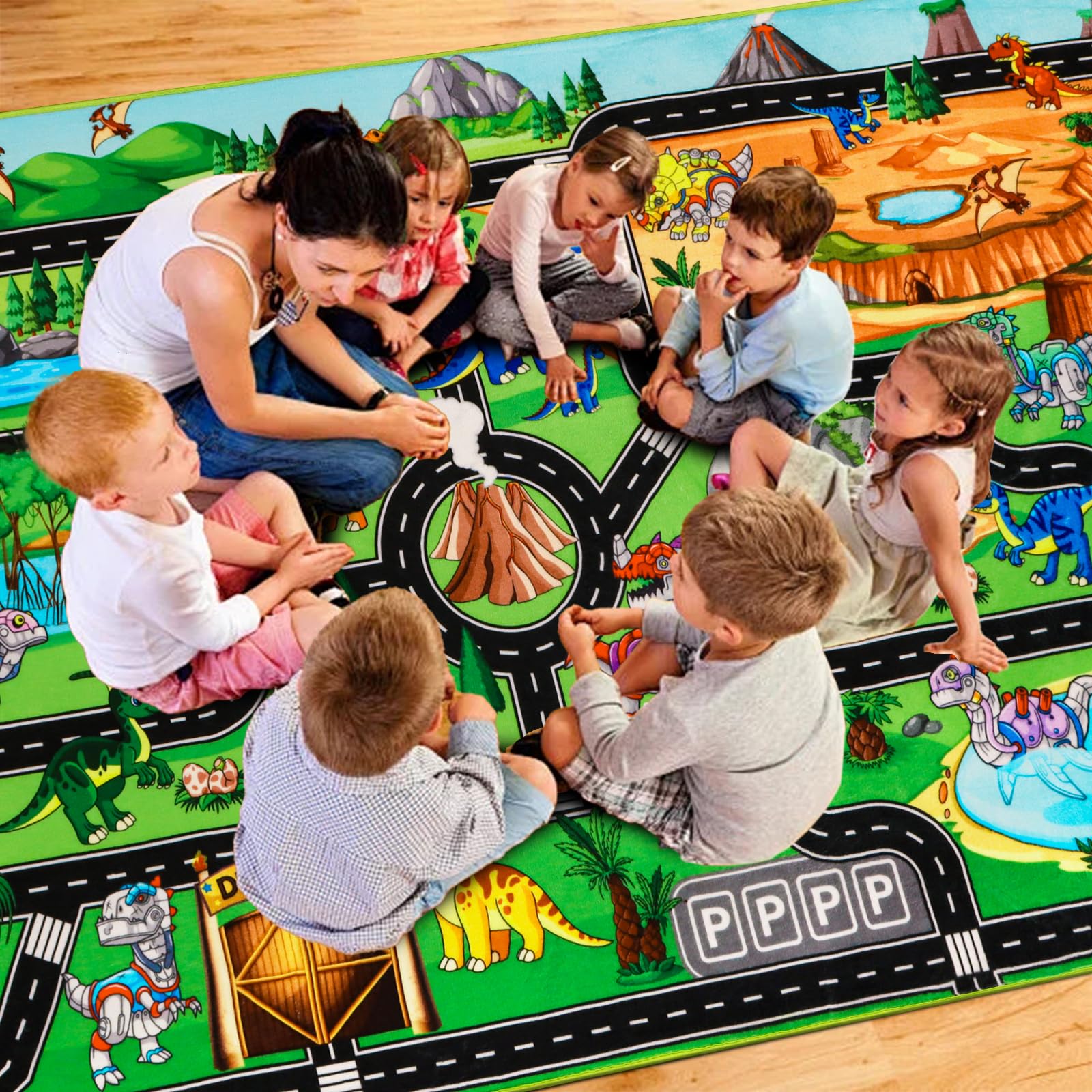 Tapis de jeu pour enfants – Circuit routier, robots et dinosaures 200 × 150 CM Tapis sur le thème du Jurassique pour petites voitures – Idéal pour chambre d'enfant et salle de jeux