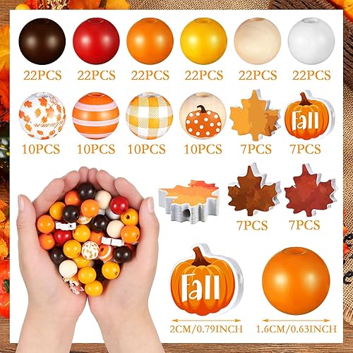 Miniatura 2 de Ripeng 200 cuentas de madera de otoño para Acción de Gracias, naranja, cuentas para manualidades, calabaza, hoja de arce, gnomo, a cuadros,