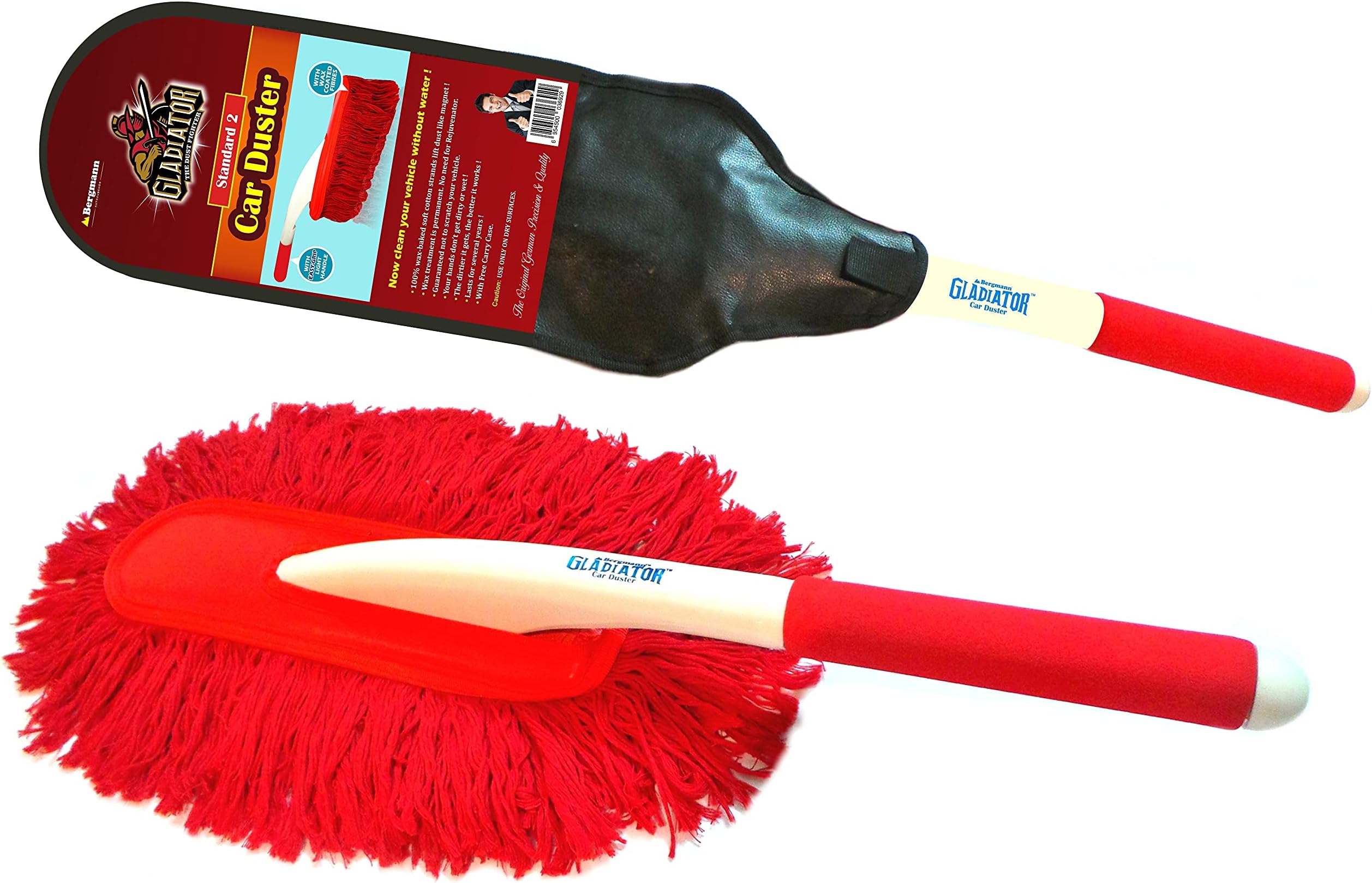 Bergmann Gladiator Standard 2 Wax-Baked Car Duster | Dense 100% Cotton Fibres with Wax Coating | Scratch-Proof | Virgin ABS Handle with Red Cushion | with Carry Case | Suitable for Cars & Bikes | Red