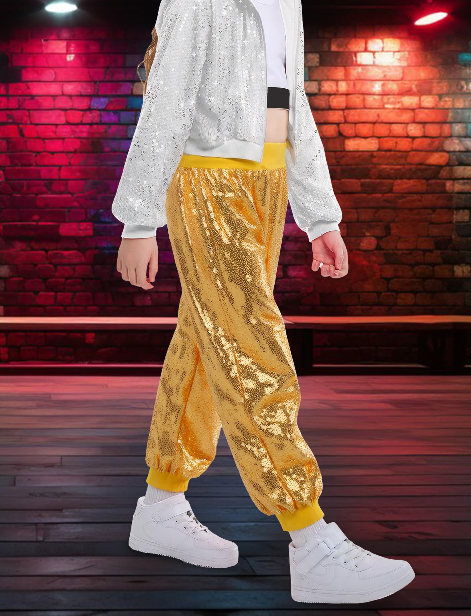 SEAUR Enfant Paillettes Pantalon De Danse Jazz Fille Garçons Pantalon De Fête Disco Party Ceinture Élastique 110-160=(104-158 UE)