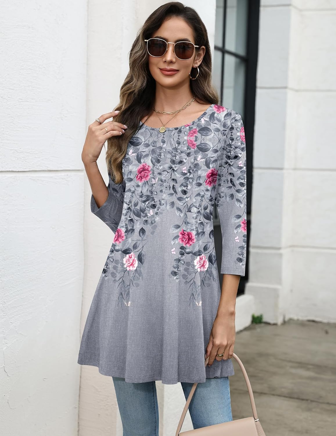 Zeagoo Women Tops 3/4 Sleeve Dressy Casual Plus Size Tunics to Wear with Leggings Swing Flare T-Shirt Loose Blouses - Image 4