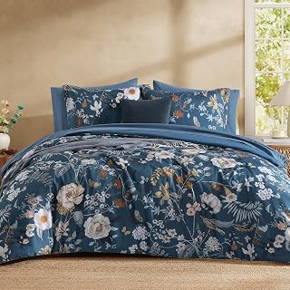 King Size Comforter Set- 7 Pieces Blue Floral Bed in a Bag King Bedding Set