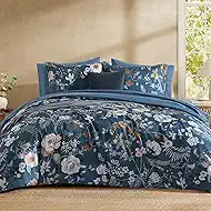 CASAAGUSTO King Size Comforter Set - 7 Pieces Blue Floral Bedding Sets, King Bed in a Bag with Botanical Butterfly Comforter, Sheets, Pillowcases & Shams for All Seasons
