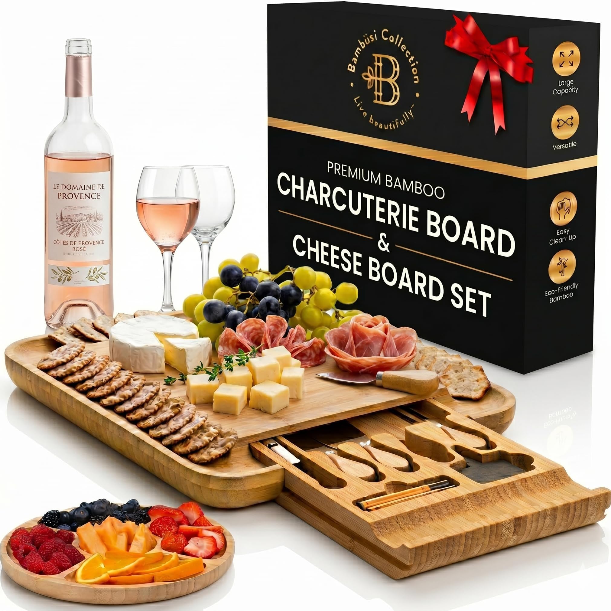 Premium Cheese Board and Knife Set - Bamboo Wood Charcuterie Board Set & Cheese Board Accessories Set - Kitchen Wine & Meat Cheese Serving Platter - Unique Christmas Gifts, Housewarming, Wedding Gift