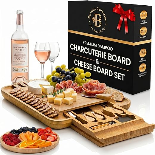 Charcuterie Boards Gift Set - Elegant Gifts for Women - Bambüsi Cheese Board Set with Serving Utensils - House Warming Gifts New Home, Wedding Gifts, Kitchen Gadget & Wine Gifts