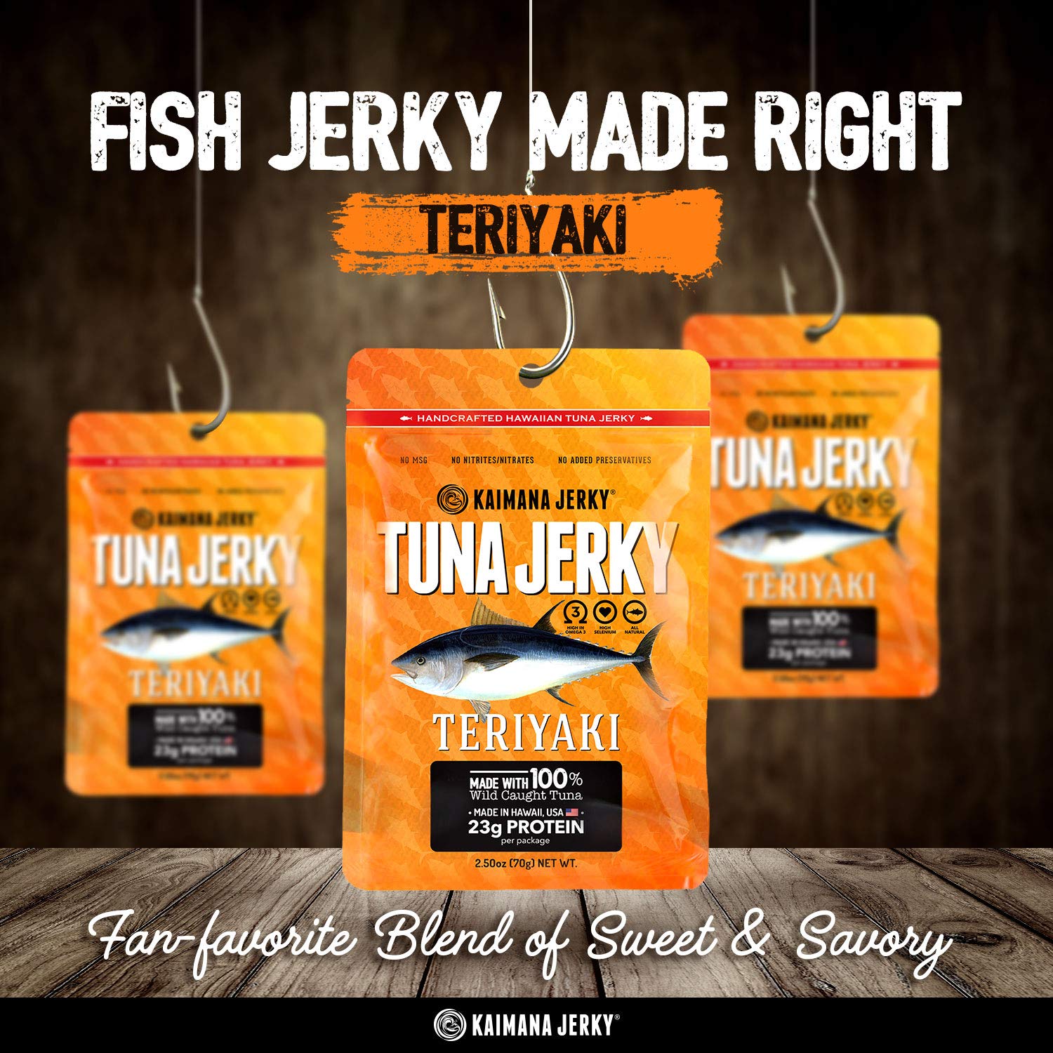 Kaimana Wild-Caught Ahi Tuna Jerky - Teriyaki | Rich in Omega-3s & High in Protein | All-Natural & Organic Fish Jerky (3 pack, 2 oz)