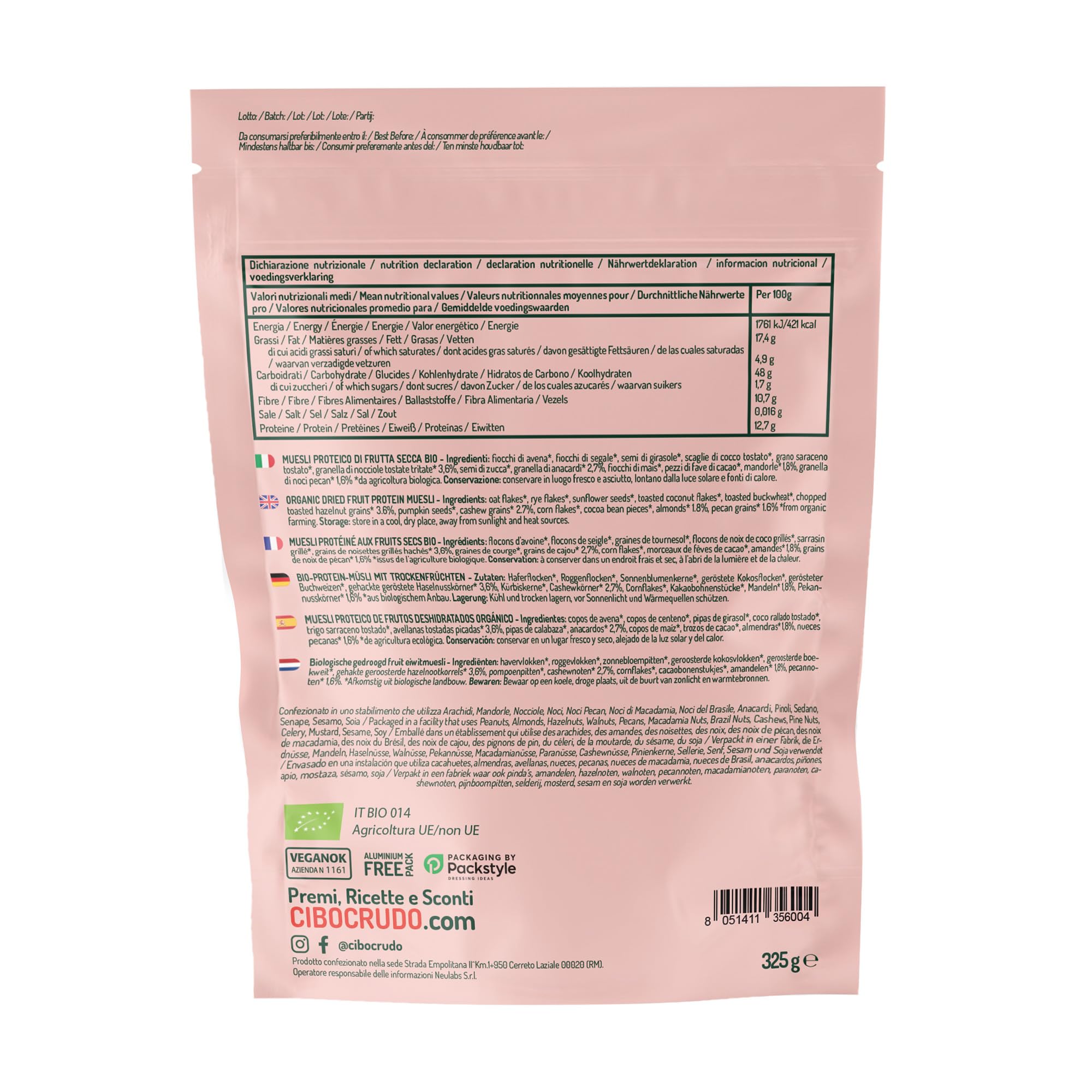 Muesli de Frutos Secos sin Azucar - 325g. Muesli con Copos de Avena Copos de Centeno y Coco con Granos de Avellana Semillas de Calabaza Anacardos Granos de Cacao en Trozos Almendras y Pecanas.