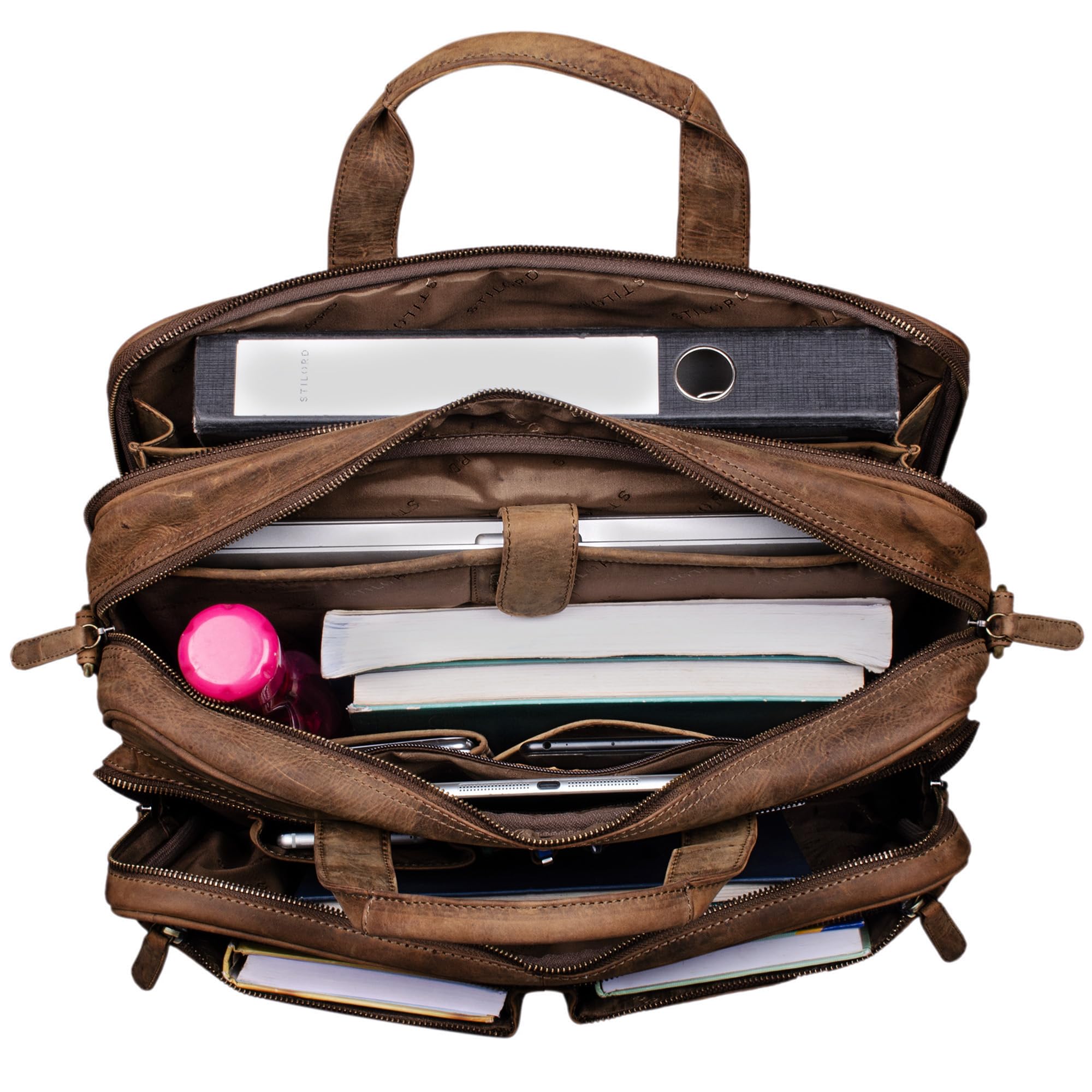 STILORD Remus Sac en Cuir Homme à Bandoulière d'Epaule Femmes Porte-Documents A4 Sac d'affaires pour PC Portable 15,6 Pouces Cartable Couleur:Marron Moyen