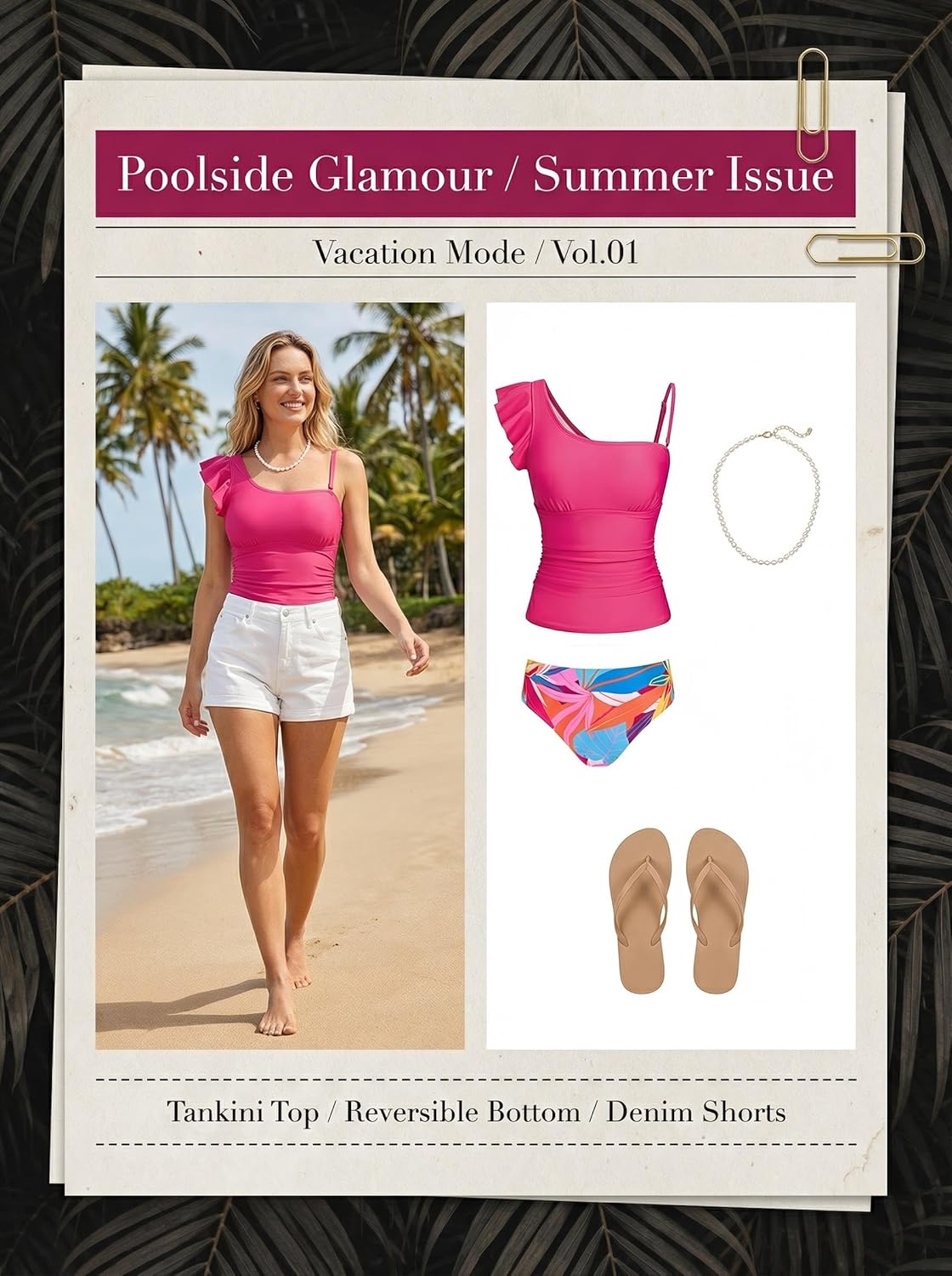 CUPSHE Women's Tankini Sets One Shoulder Ruffle Two Piece Swimsuit Reversible Bottoms Removable Straps Swimwear