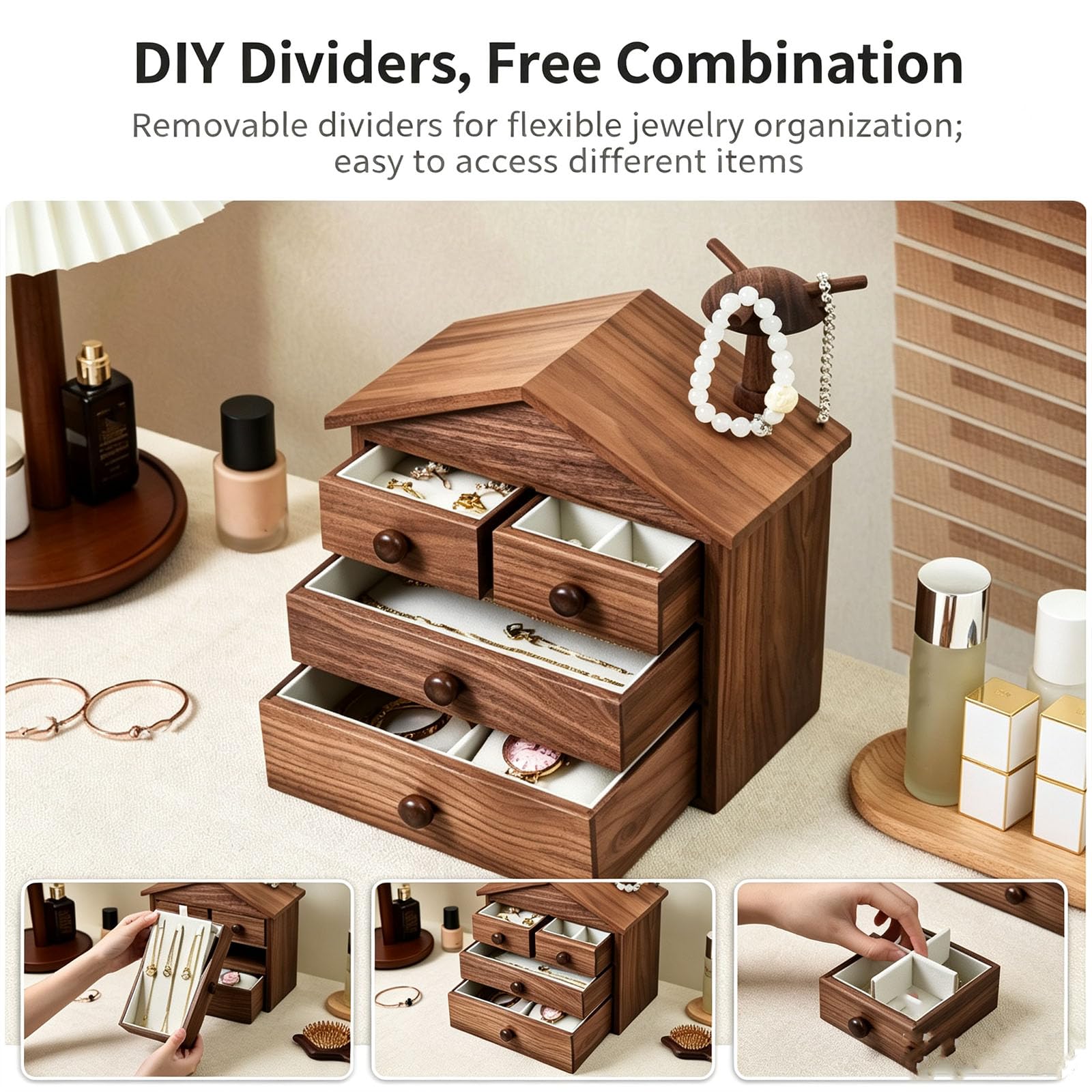 Joyero De Madera para Mujer, Organizador De Joyas De 3 Niveles con 4 Cajones, Gran Capacidad De Almacenamiento, Diseño De Casa, Forro Protector, para Anillos, Small Size