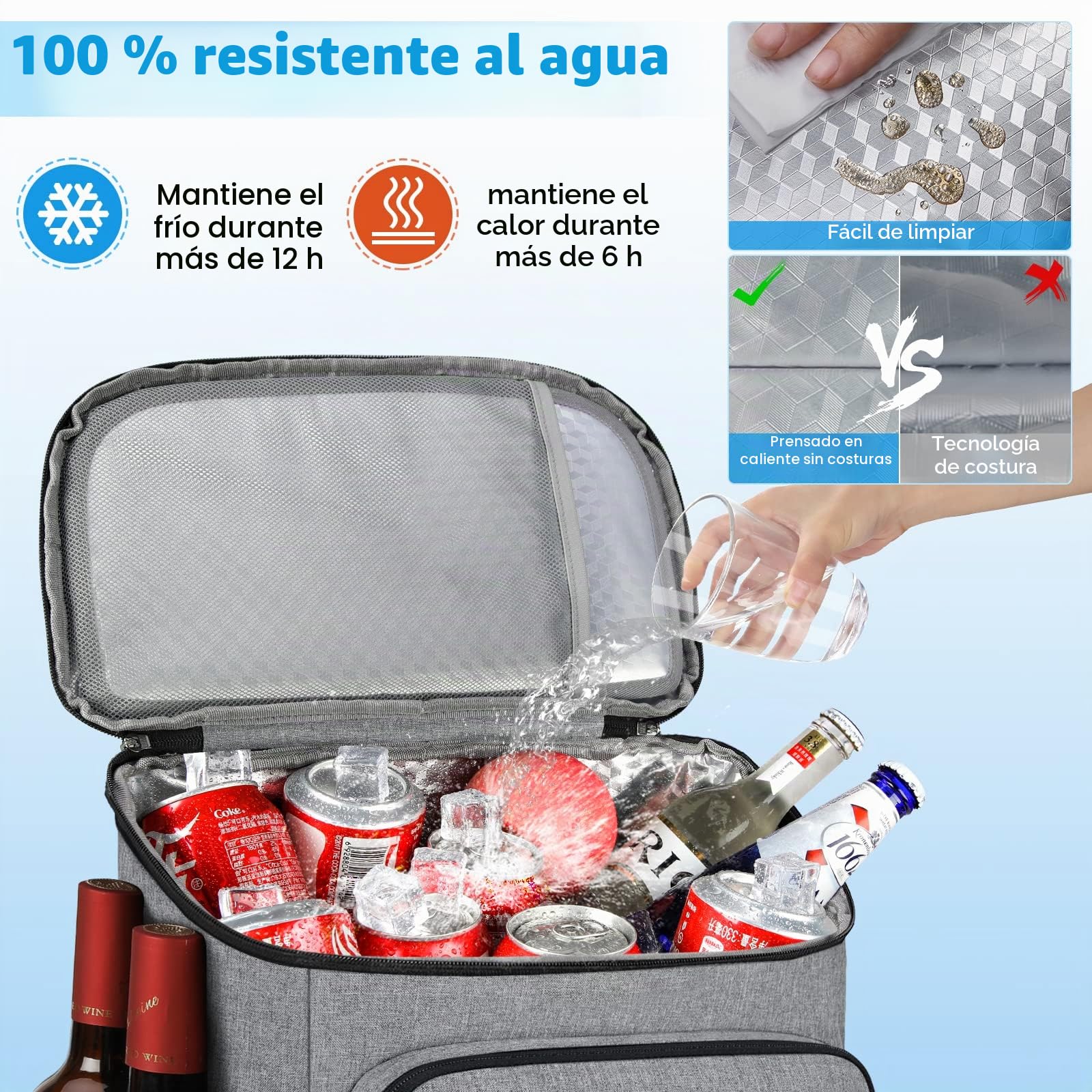NUBILY Mochila Nevera 30L Impermeable Bolsa Termica de Refrigeración Porta Alimentos Mochila Nevera Isotermica Bolsa de Picnic Grande Fiambrera Camping Barbacoa Comidas Trekking Gris