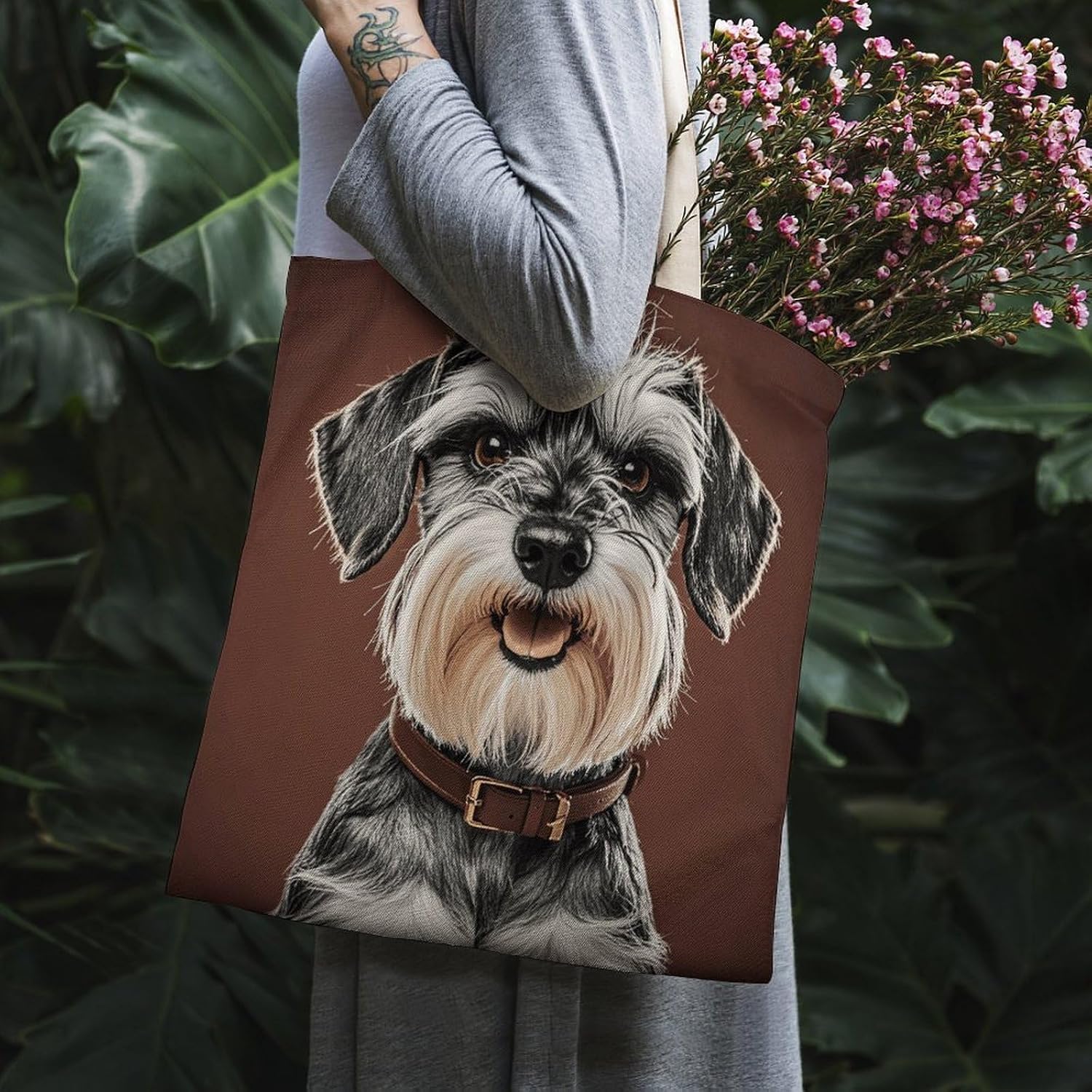 Adorable Schnauzer Canvas Tote Bag Reusable Grocery Bags Foldable Soft Cotton Shoulder Carry Bag