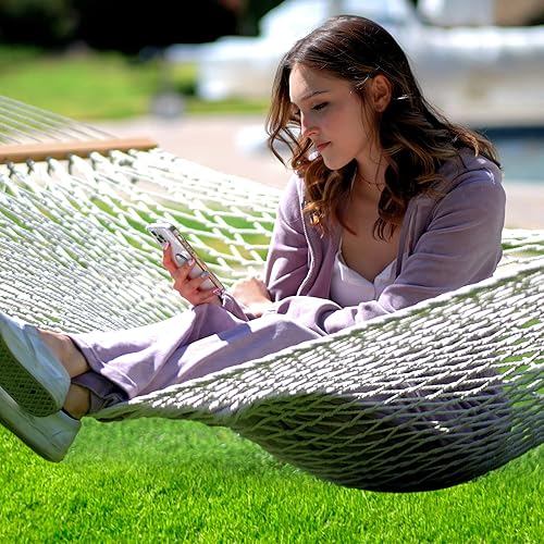 Miniatura 2 de ANOW Hamaca doble de cuerda con barra separadora de madera dura y bolsa de transporte, capacidad de peso de 450 libras para dos personas, natural