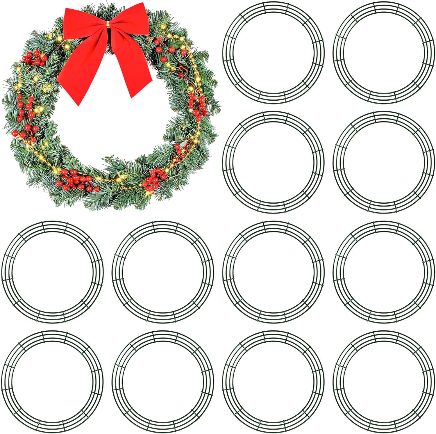 aodaer 12 pack 24 inch wire wreath frame christmas dark green wire wreath ring round metal diy floral crafts wreaths for halloween new year holiday valentines day decorations 12 24inch
