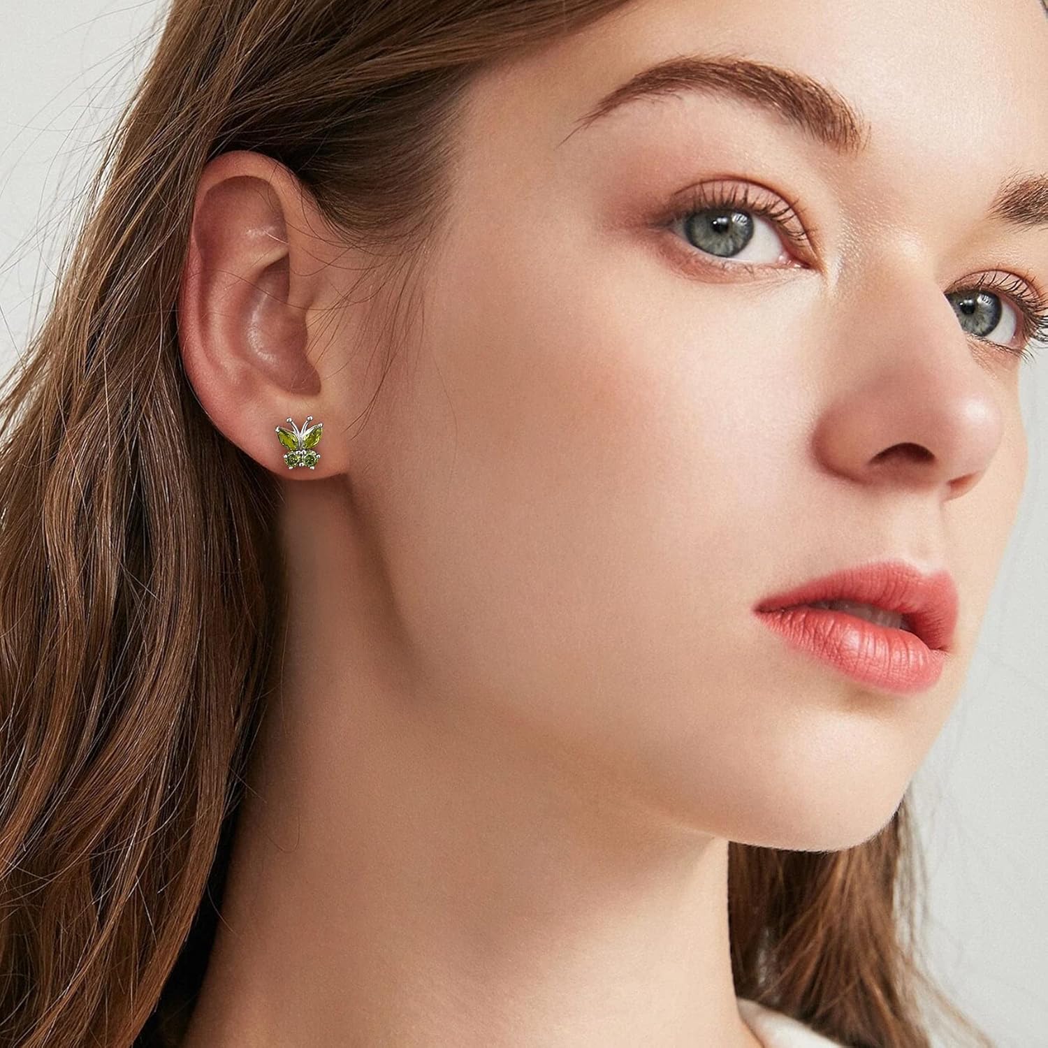 Bestyle Sterling Silver Butterfly Earrings for Women, Dainty Cute Birthstone Studs Hypoallergenic Jewelry, Great Birthday Gift - Image 3