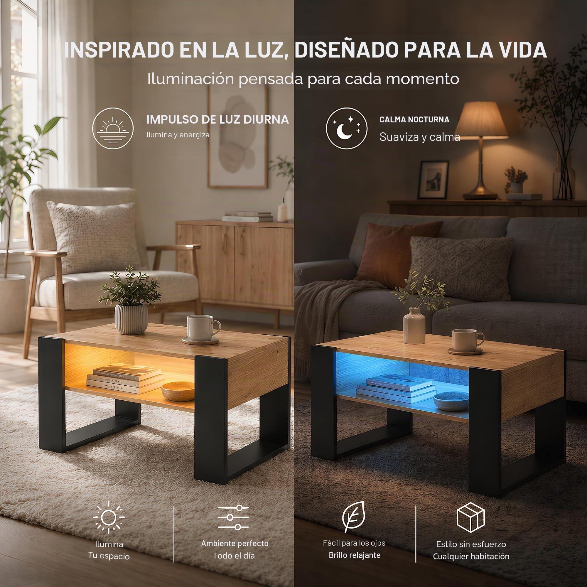 Mesa de Centro con LED y Espacio de Almacenamiento, Mesa de Salón de Madera, Moderna Mesa Baja Salon con Patas en Forma de U, para Salón, Rectangular, 92 x 47 x 45 cm, Madera y Negro