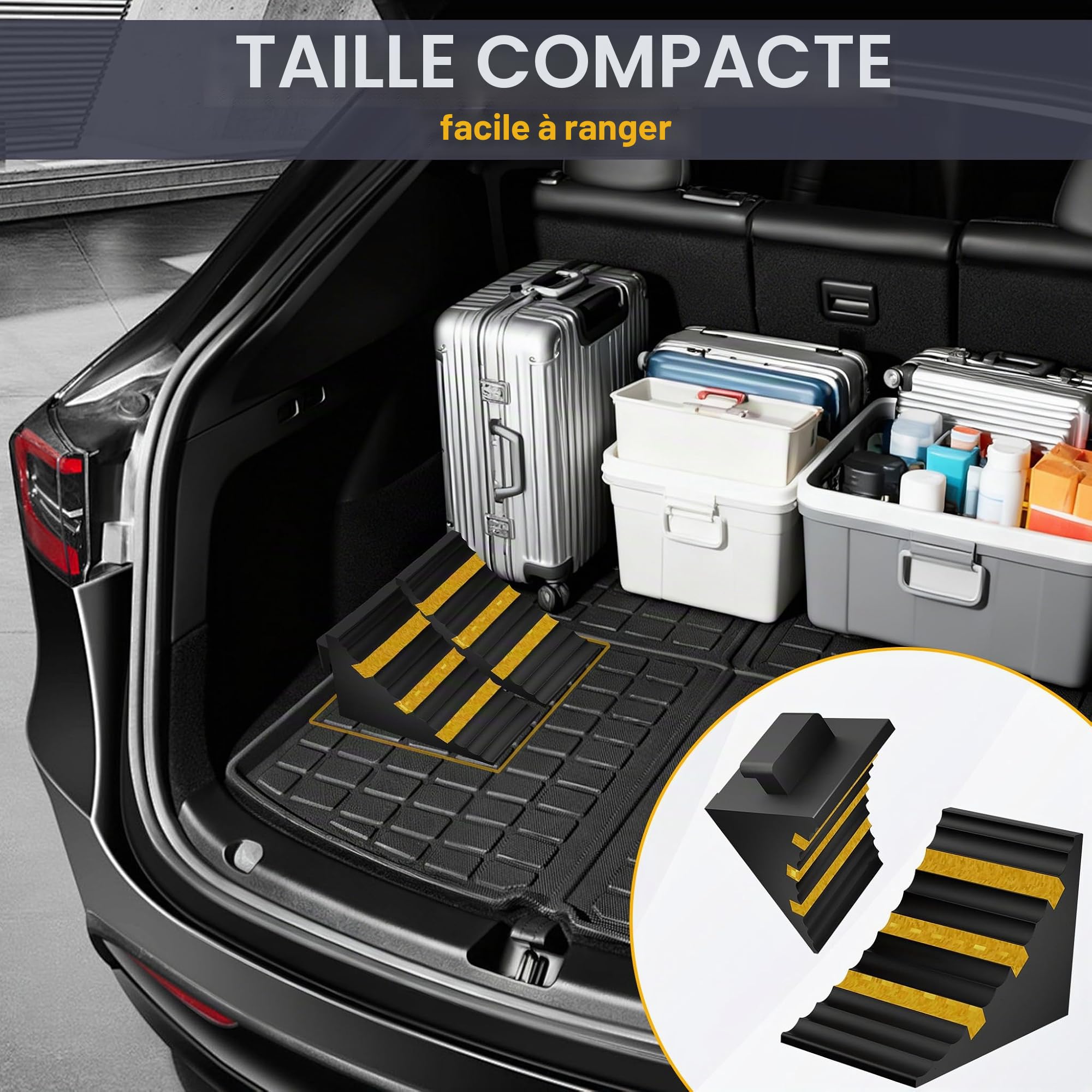 XMTECH Lot de 2 cales de roue en caoutchouc - Extra solides et antidérapantes pour voiture, SUV, camping-car, camion et remorque, bandes de sécurité réfléchissantes, faciles à manipuler, empêchent le