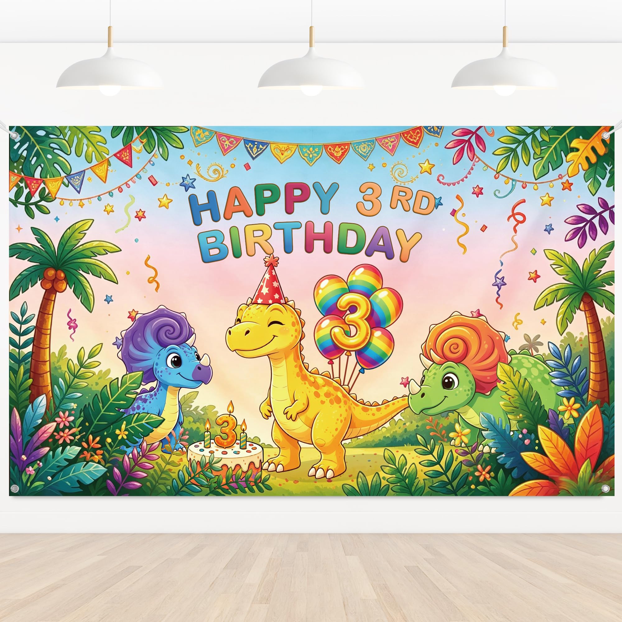 Dinosaur 3rd Birthday Decorations Banner - Background Banner(180 X 110 cm) Cute Dinosaurs With Party Hats Gifts for Boy Dino Themed Photography Backdrop Fabric Jurassic World Party Decorations