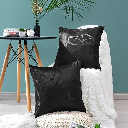 Miniatura 2 de Juego de 2 fundas de cojín cuadradas ligeras con anillos geométricos para decoración del hogar para sofá, cama, silla, 16 x 16 pulgadas, color negro