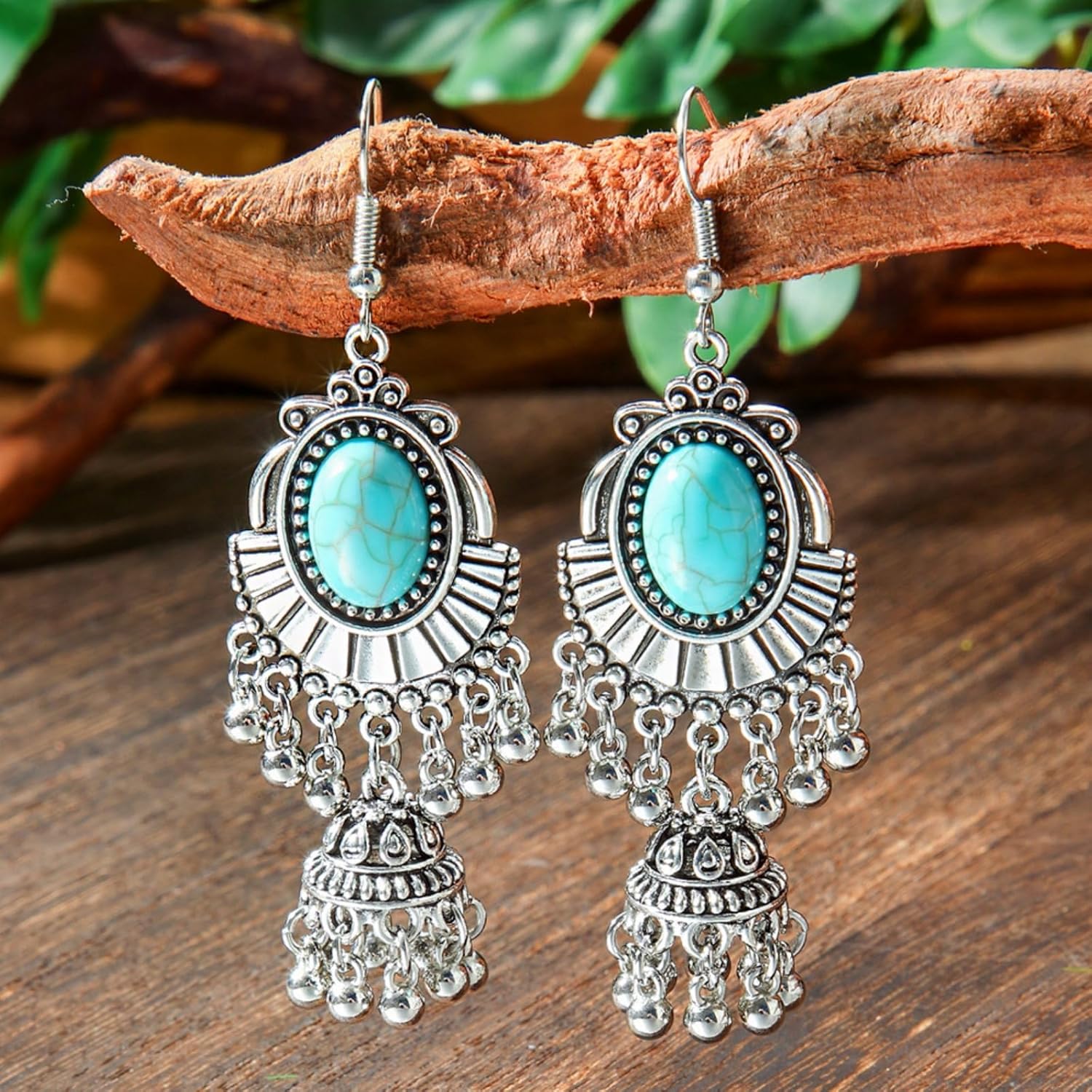 Boho Handmade Vintage Turquoise Earrings for Women Dangling Silver Bohemian Colorful Inlaid Stones Geometric Engraved Flower Pattern Round Long Tassel Drop Earrings Western Jewelry Gifts - Image 7