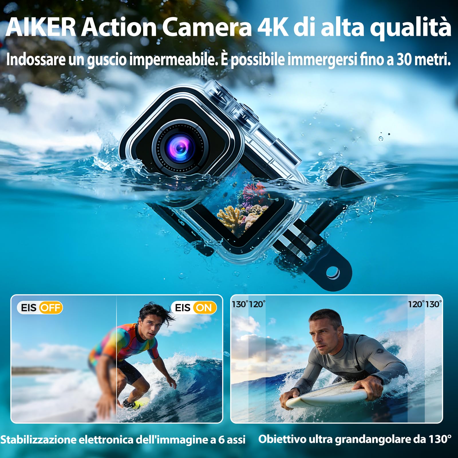 AIKER Action Cam 4K 60fps,Versione aggiornata bodycam WiFi 150°,Impermeabile fino a 30M Dotato di stabilizzazione dellimmagine,Qualità dellimmagine ad alta definizione,accessori multifunzionali