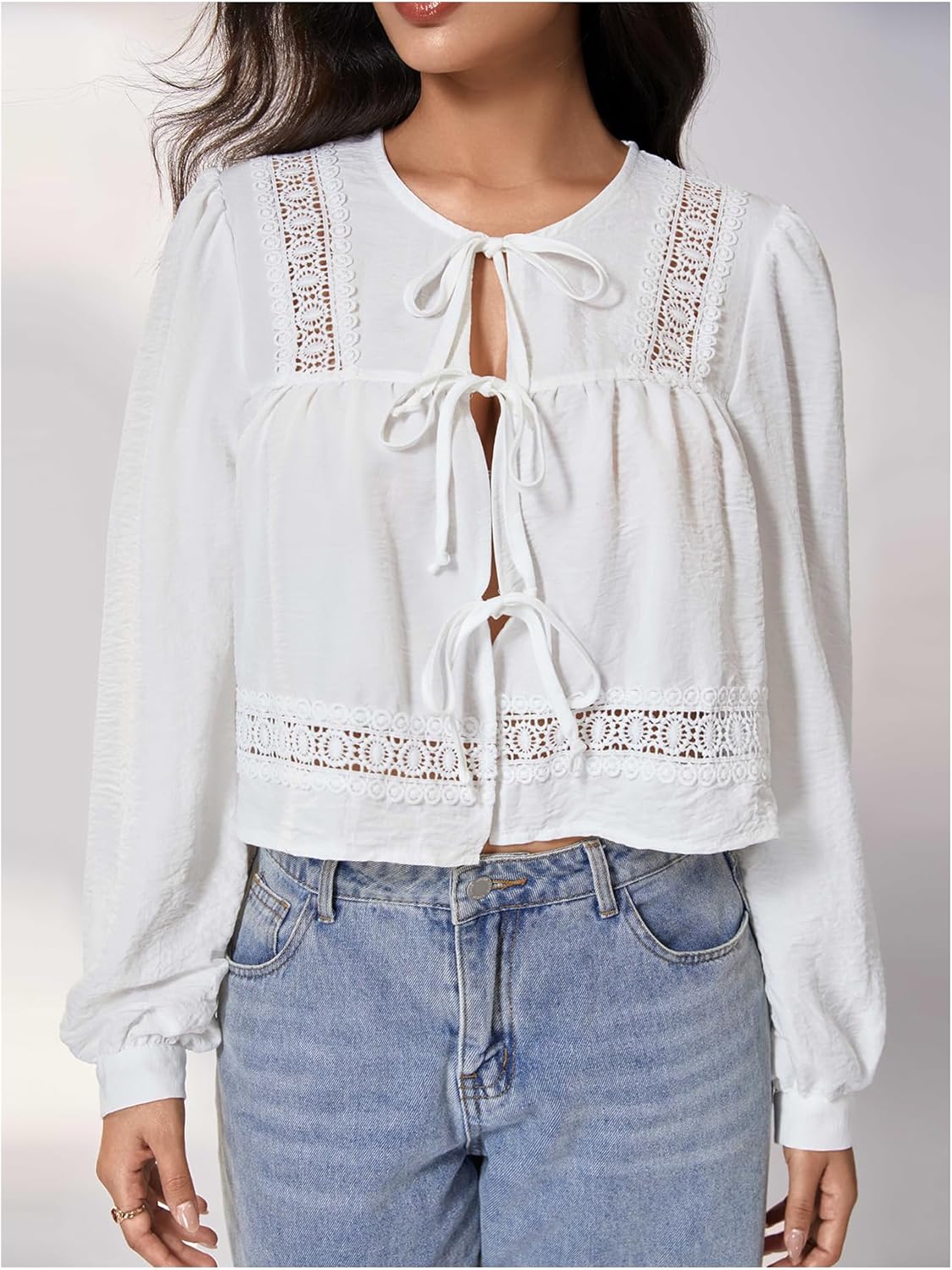 MakeMeChic Women's Boho Top Peplum Long Sleeve Shirt Tie Front Crew Neck Summer Blouse - Image 3