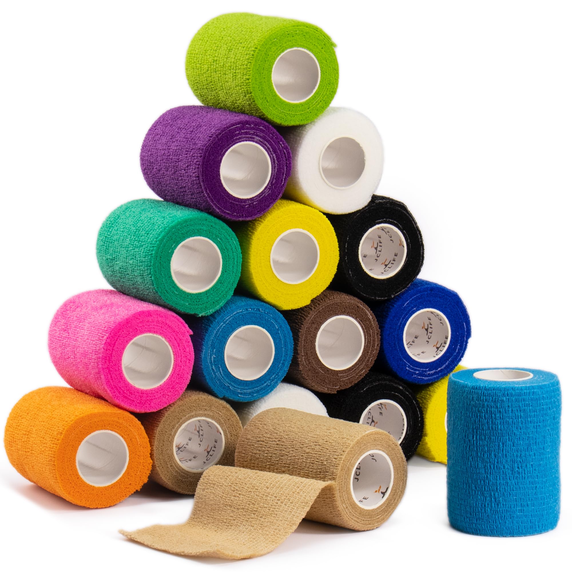 Set da 16 Rotoli di Benda Elastica Coesiva, 7.5 cm x 4.5 m, Colori Vari, Alta Elasticità.Bendaggio Elastico per Dita, Polso o Caviglia in Caso di Distorsioni.