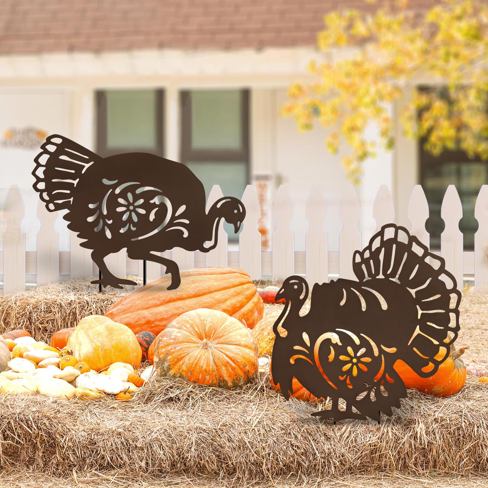 Lot de 2 décorations d'extérieur en métal en forme de dinde pour Thanksgiving, décoration de jardin, panneau de porche d'automne pour l'extérieur
