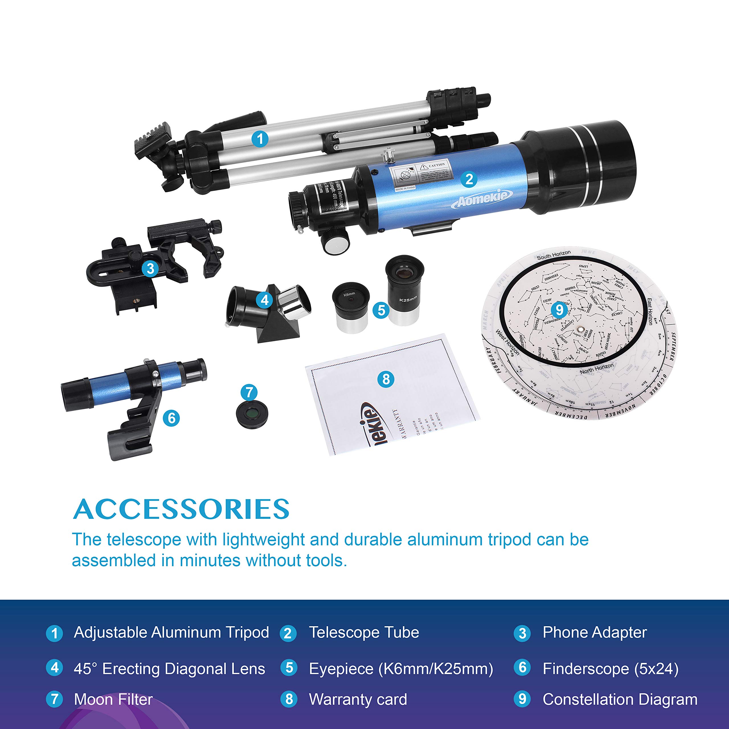 Aomekie Télescope Enfant Adulte 400/70mm Lunette Astronomique Réfracteur avec Adaptateur de Téléphone Trépied Ajustable et Chercheur pour Débutants et Amateurs pour Observer la Lune