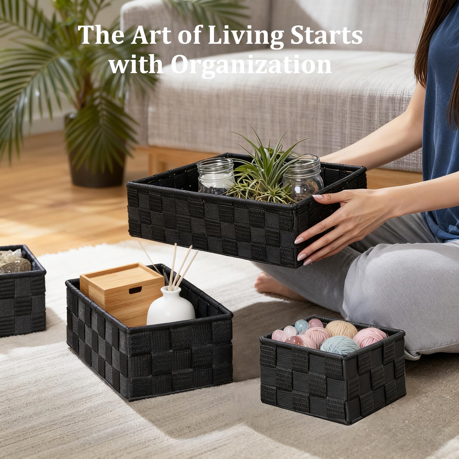 Set di 4 Organizzatori Impilabili in Rattan Sintetico Nero – Cestini Portaoggetti Senza Coperchio per Cucina, Bagno, Soggiorno e Camera | Pratici, Eleganti e Multifunzionali