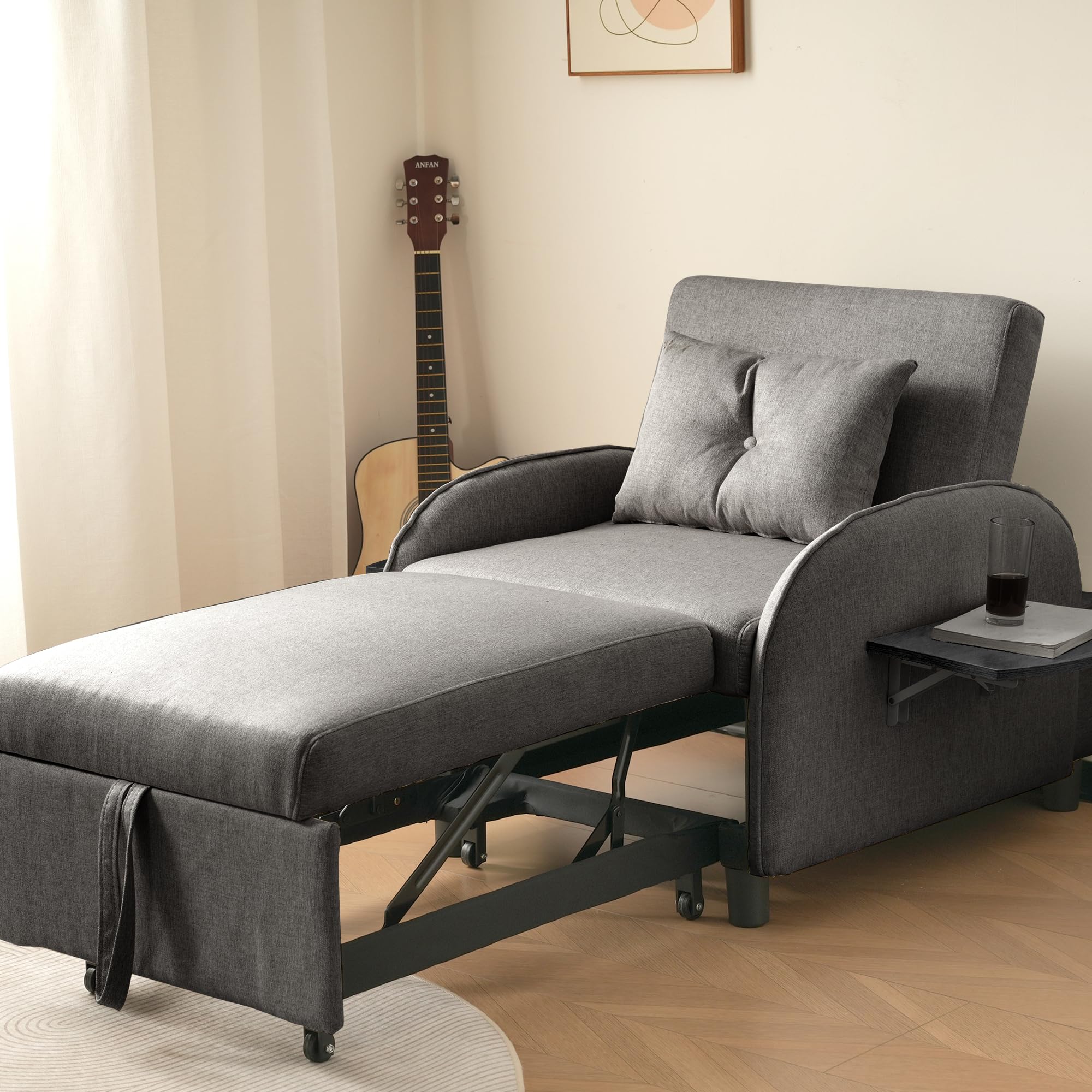Sofá cama individual extensible multifuncional, con función de cama, tumbona y sillón, sofá cama reclinable en tres posiciones con mesas de té plegables, 123 (73) x 167 x 78 cm (gris oscuro)