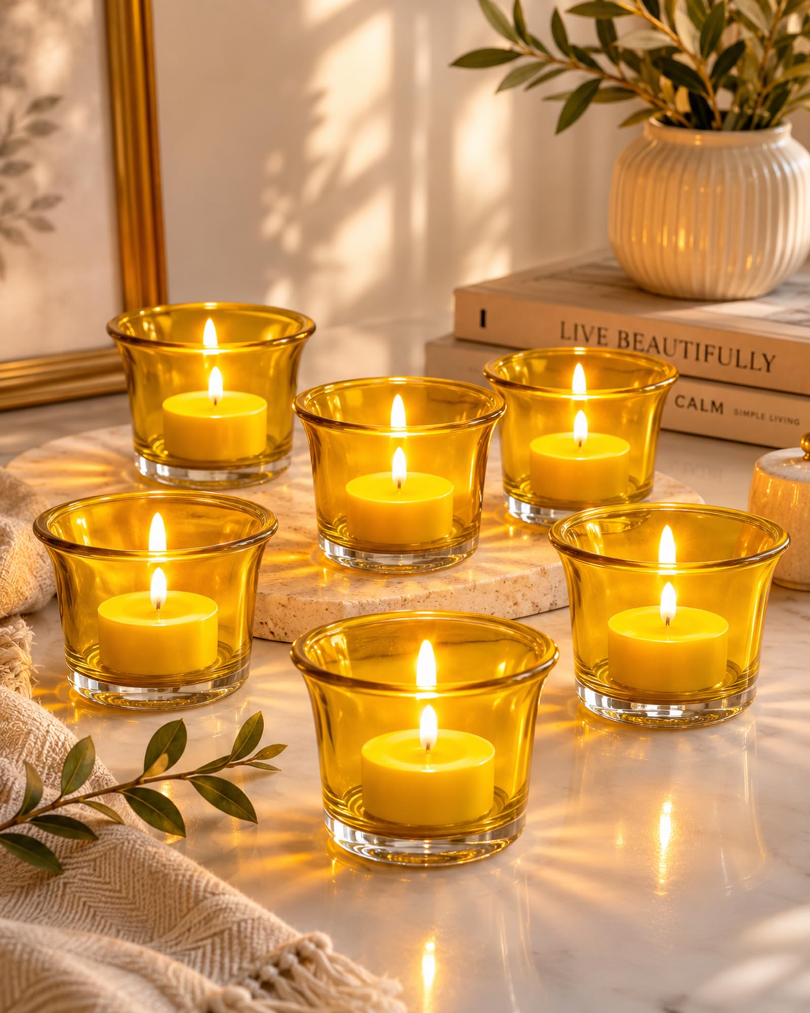 Homesake Yellow Tealight Candle Holder Set of 6, T-Light Glass Votive for Diwali Decoration, Home Decor, Wedding, Party, Festive Lighting, Office, Hall, Decorative Candle Stand for Table, Pooja Room-image-48