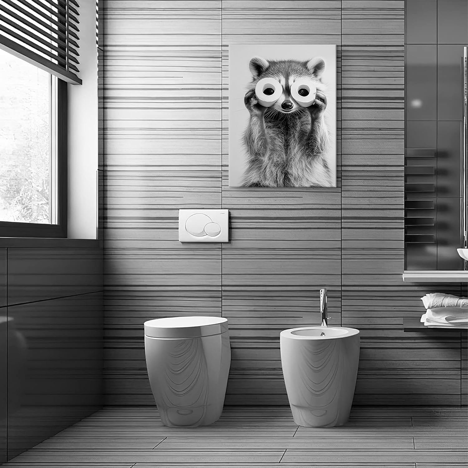 Adorable Raccoon Bathroom Canvas Wall Art Toilet Paper Raccoon Wall Decor Pictures Funny Black and White Bathroom Animal Posters Prints for Restroom Bathroom Home Decoration 16x24in - Image 6