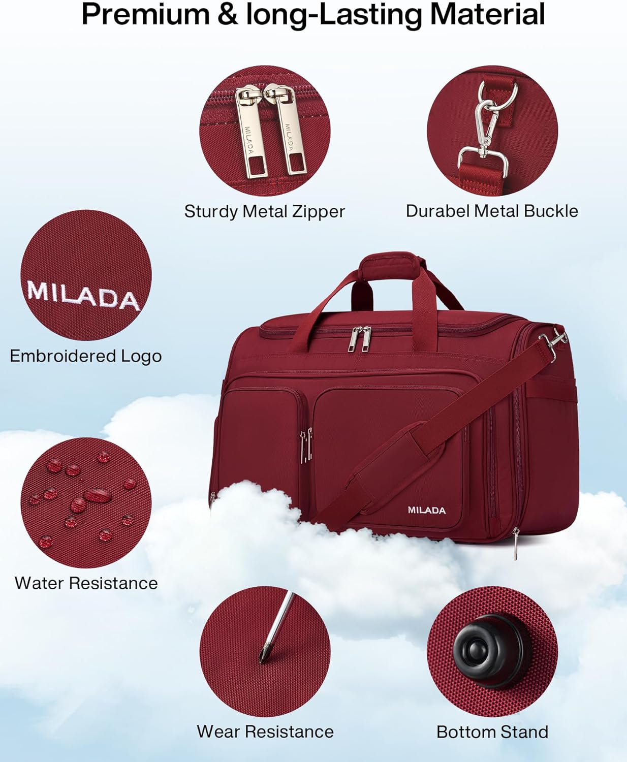 MILADA Carry On Luggage Bags for Travel Lightweight Personal Item Travel Bag Foldable Large Duffle Bag for Travel Tote Overnight Bags for Women Mens Weekender Bags, Burgundy - Image 7