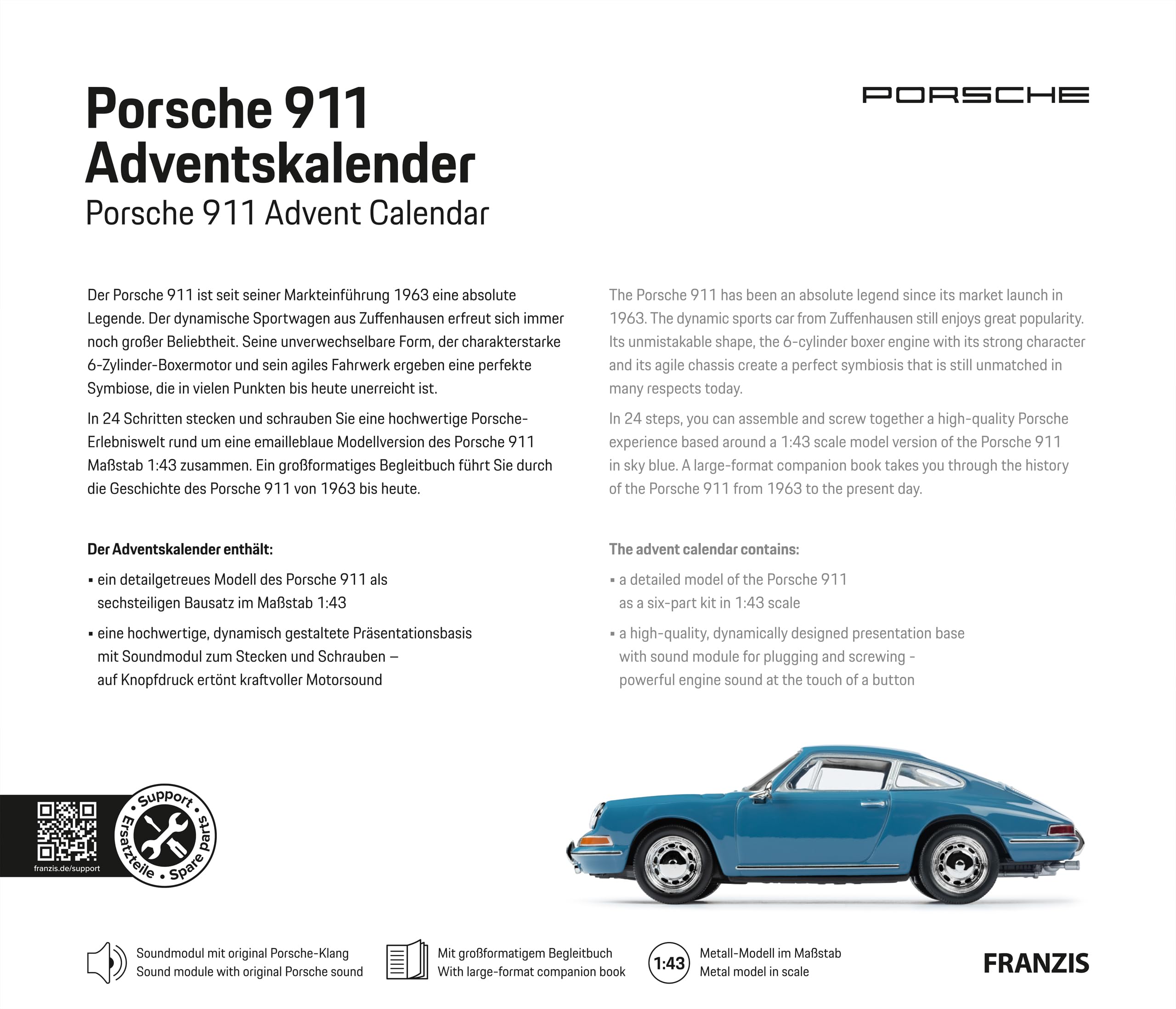 FRANZIS 67664 - Calendario de Adviento Porsche 911 (escala 1:43, incluye módulo de sonido y libro de 52 páginas)