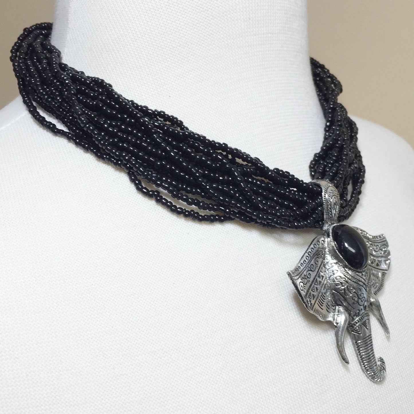 Gypsy Jewels Tribal Elephant Head Black Seed Bead Layered Necklace Earring Set