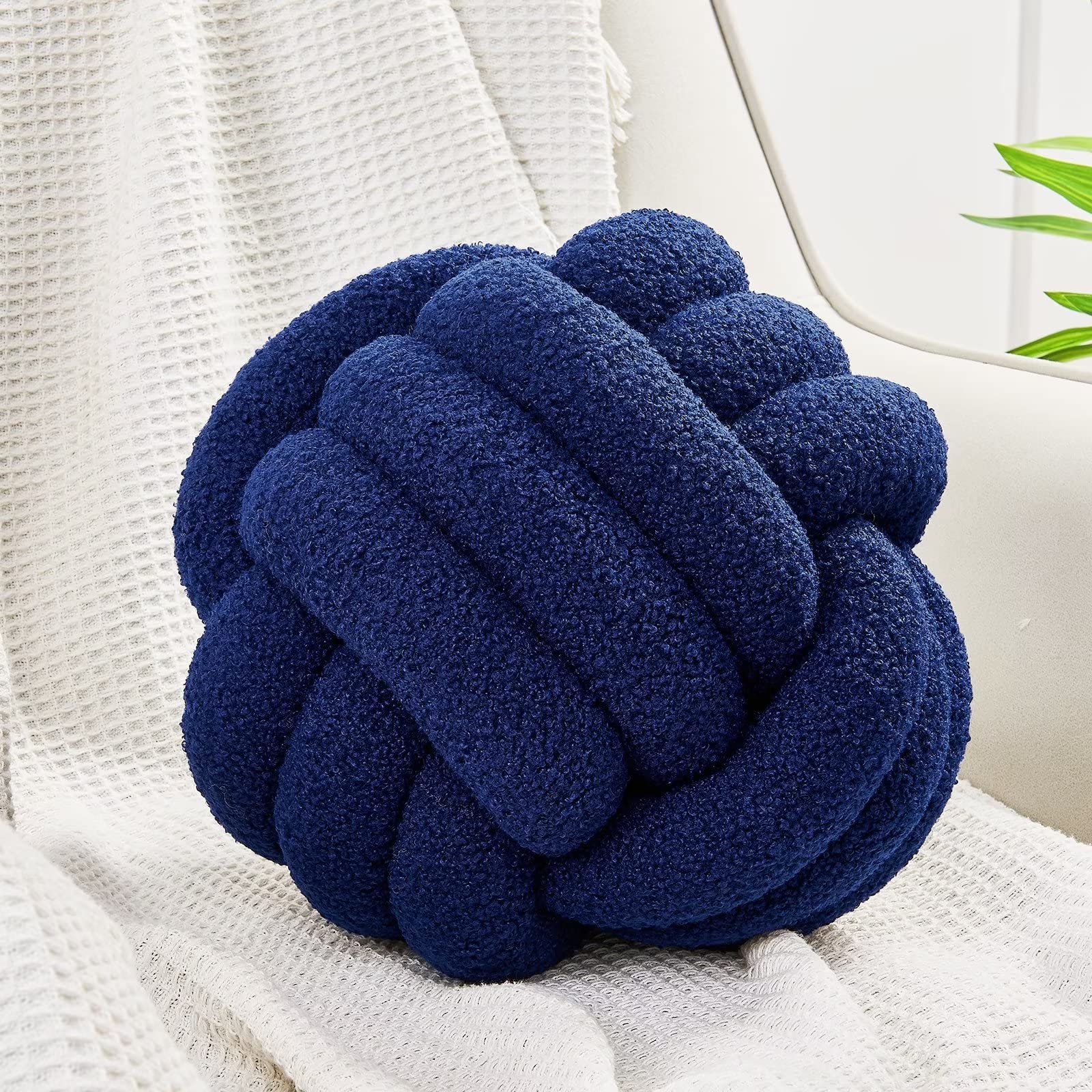 Uvvyui Knot Pillow Ball, Soft Home Decorative Pillows, Round Throw Pillow, Handmade Knotted Plush Pillow, Round Boucle Pillow Cushion (14 Inches Navy)