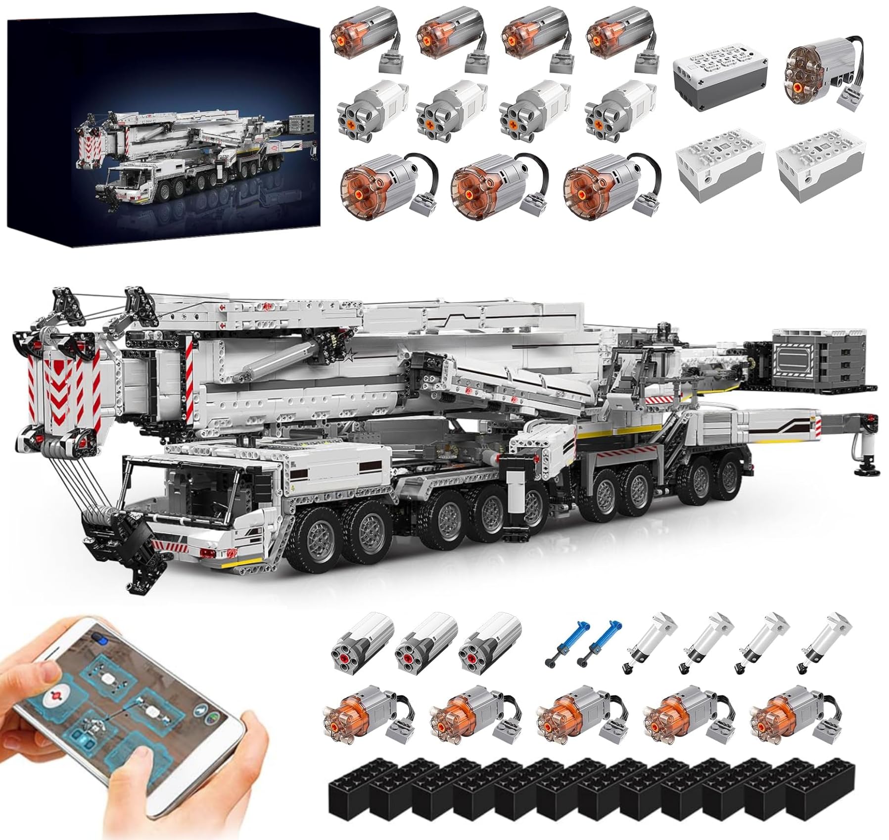 Technik Kran Ferngesteuert Liebheer LTM 11200 Set, Mit 20 Motoren, 8056-tlg | Mit Pneumatik Set, APP-Steuerung, Klemmbausteine Kranwagen MOC Modellbausatz, Sammlerstück Geschenk für Fans (Weiß)